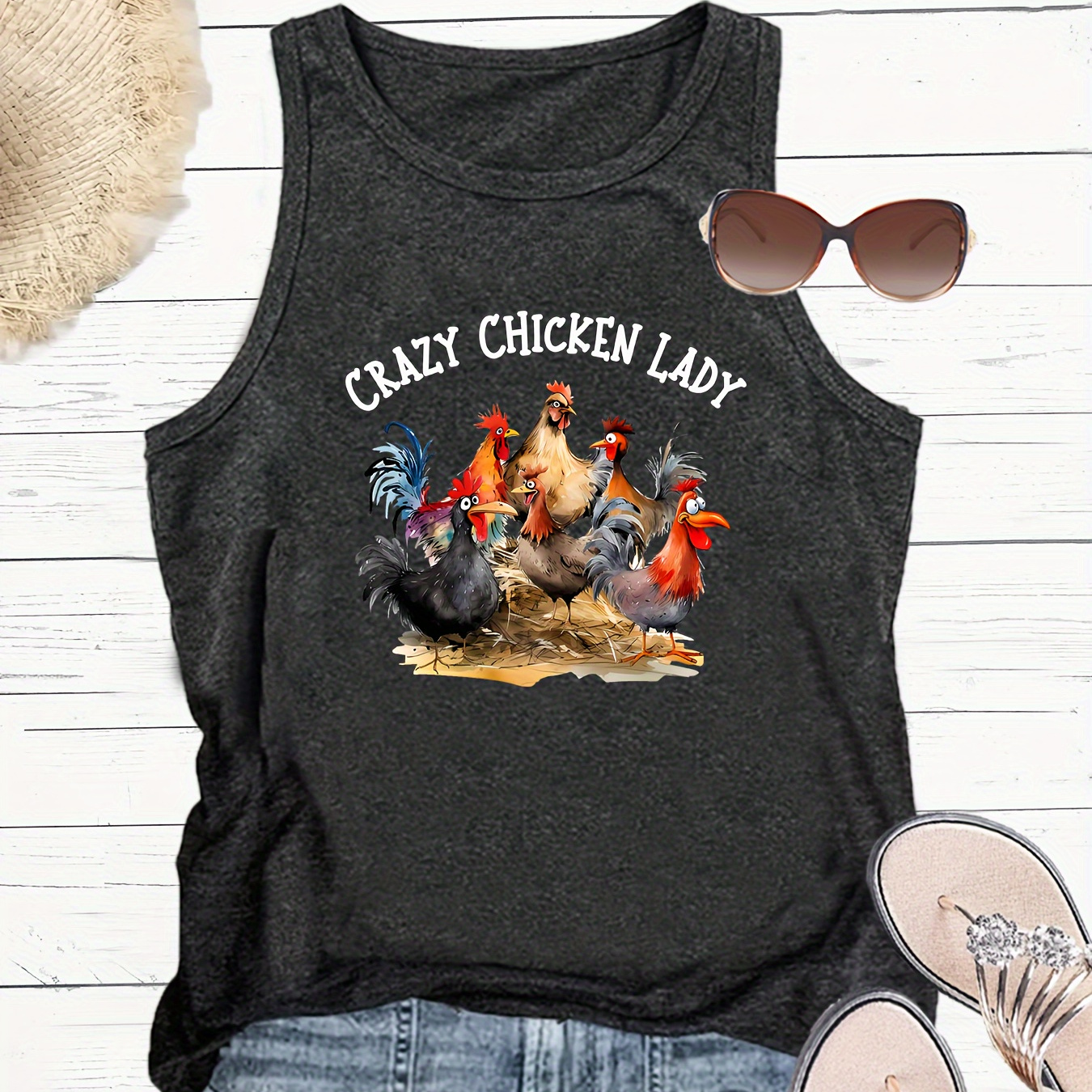 

Chicken & Letter Print Crew Neck Tank Top, Casual Sleeveless Tank Top For Summer, Women's Clothing