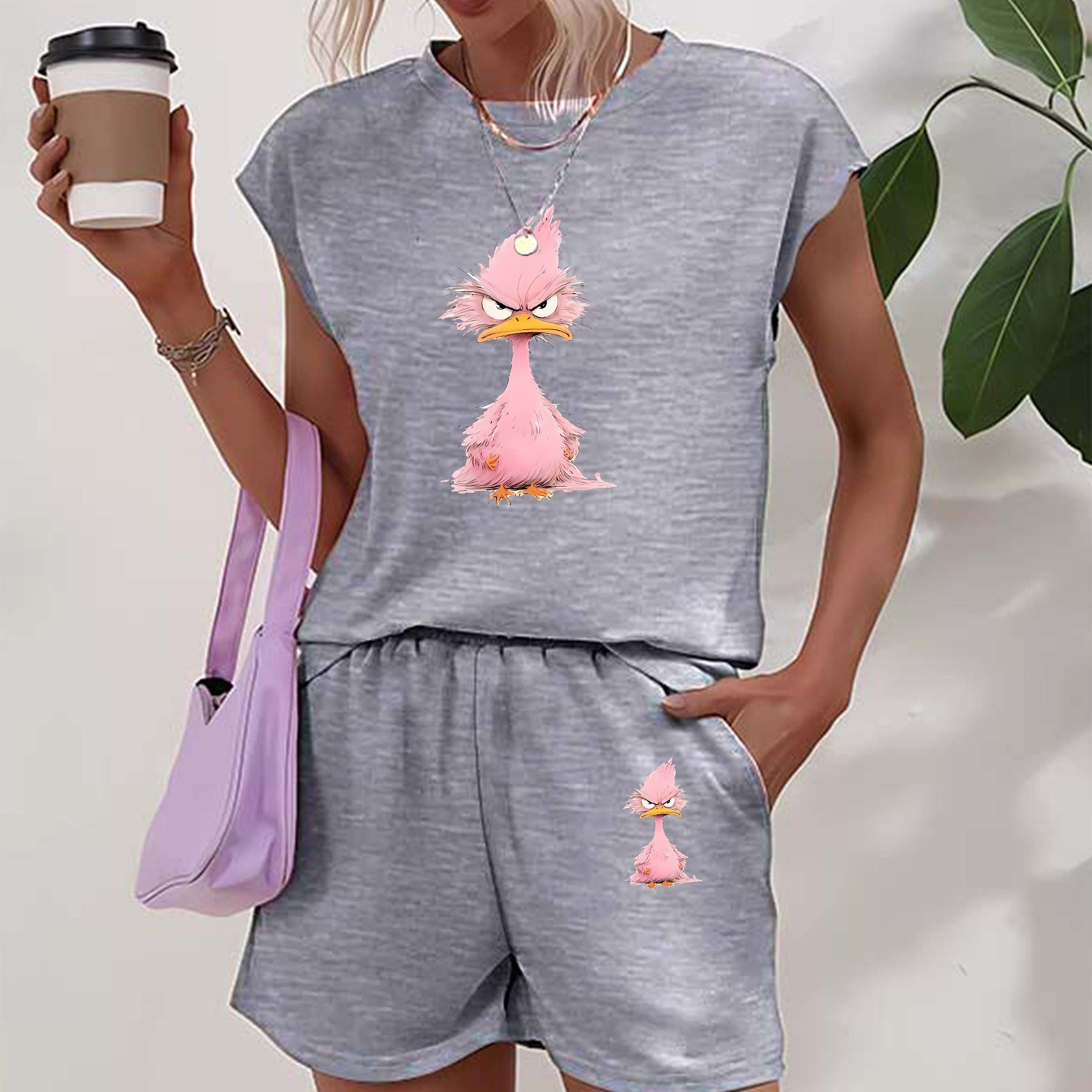 

Casual Cartoon Duck Print 2 Pieces, Cap Sleeve Crew Neck T-shirt & Elastic Waist Shorts Outfits, Women's Clothing