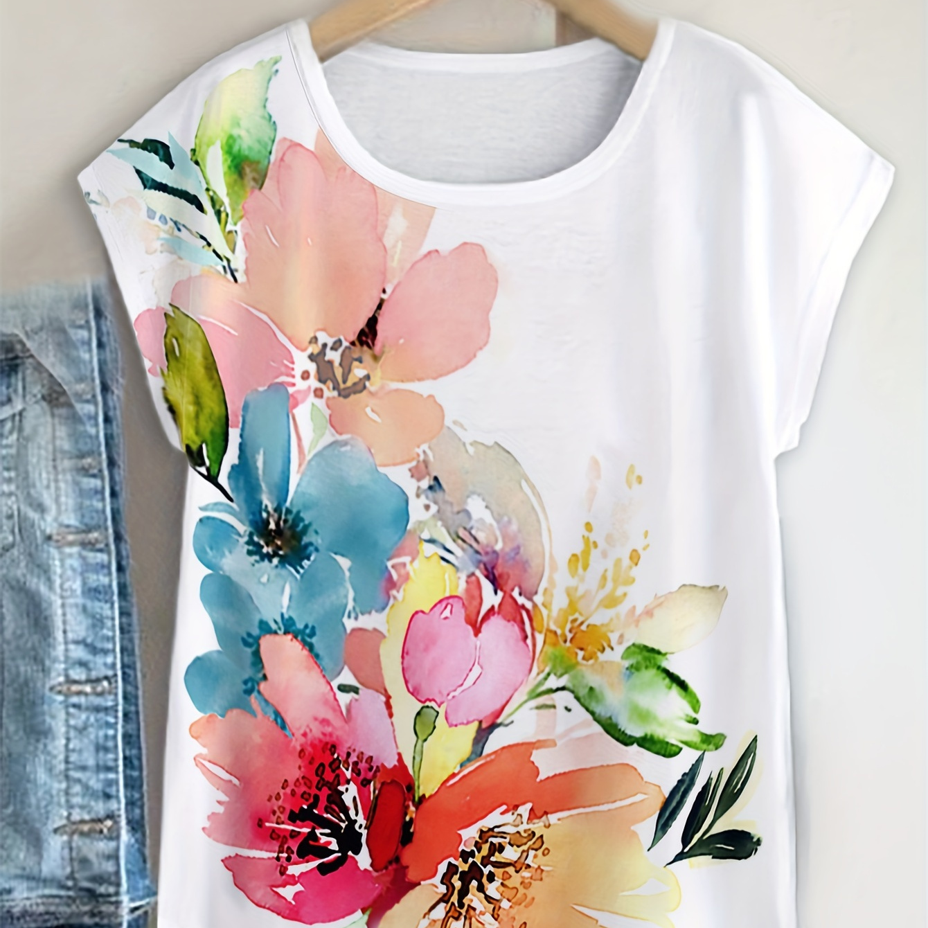 

Floral Print Crew Neck T-shirt, Casual Short Sleeve T-shirt For Spring & Summer, Women's Clothing