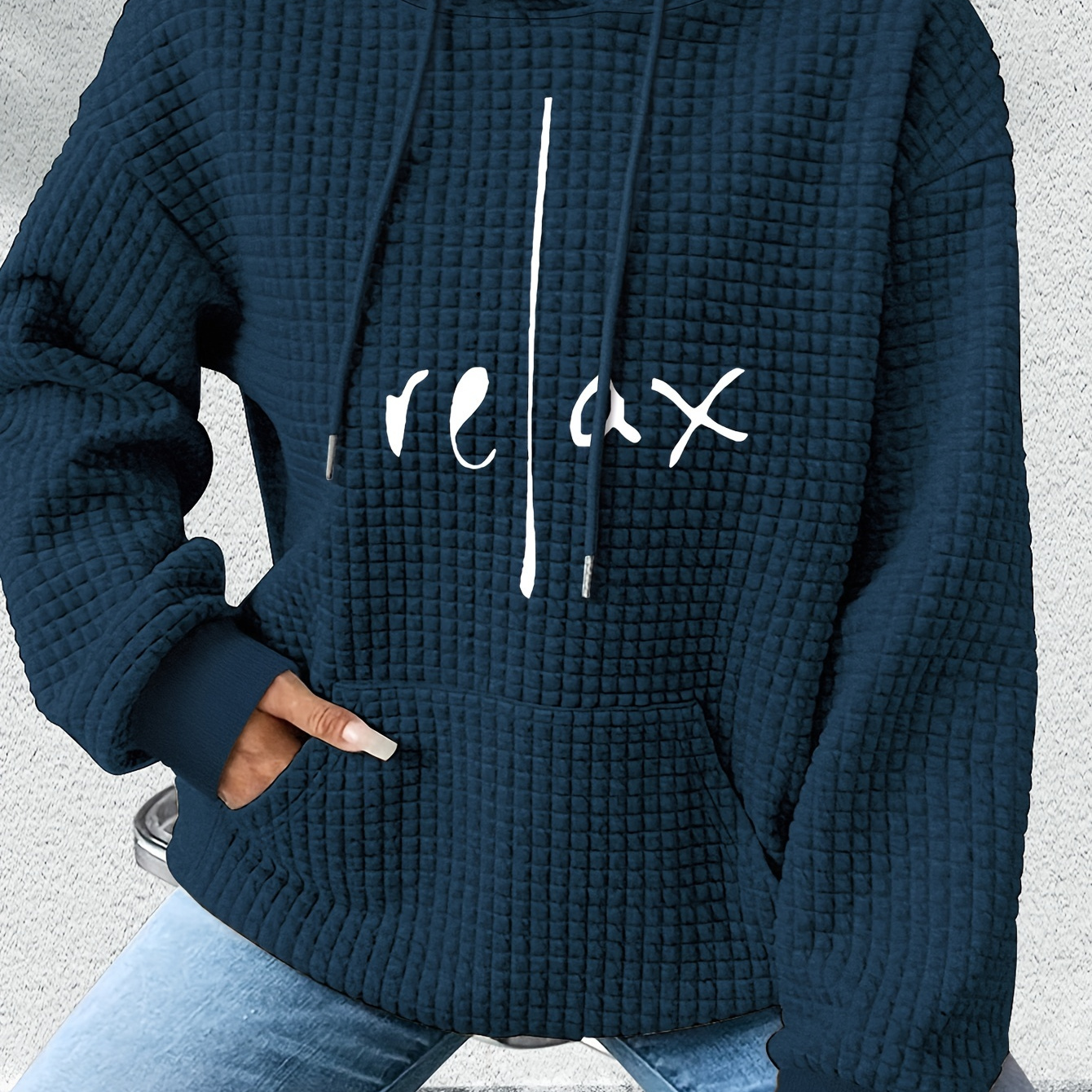 

Women's Relax Waffle Knit Hoodie, Casual Polyester Pullover With Letter Print, Long Sleeve, Regular Fit, Autumn/winter Fashion Sweatshirt