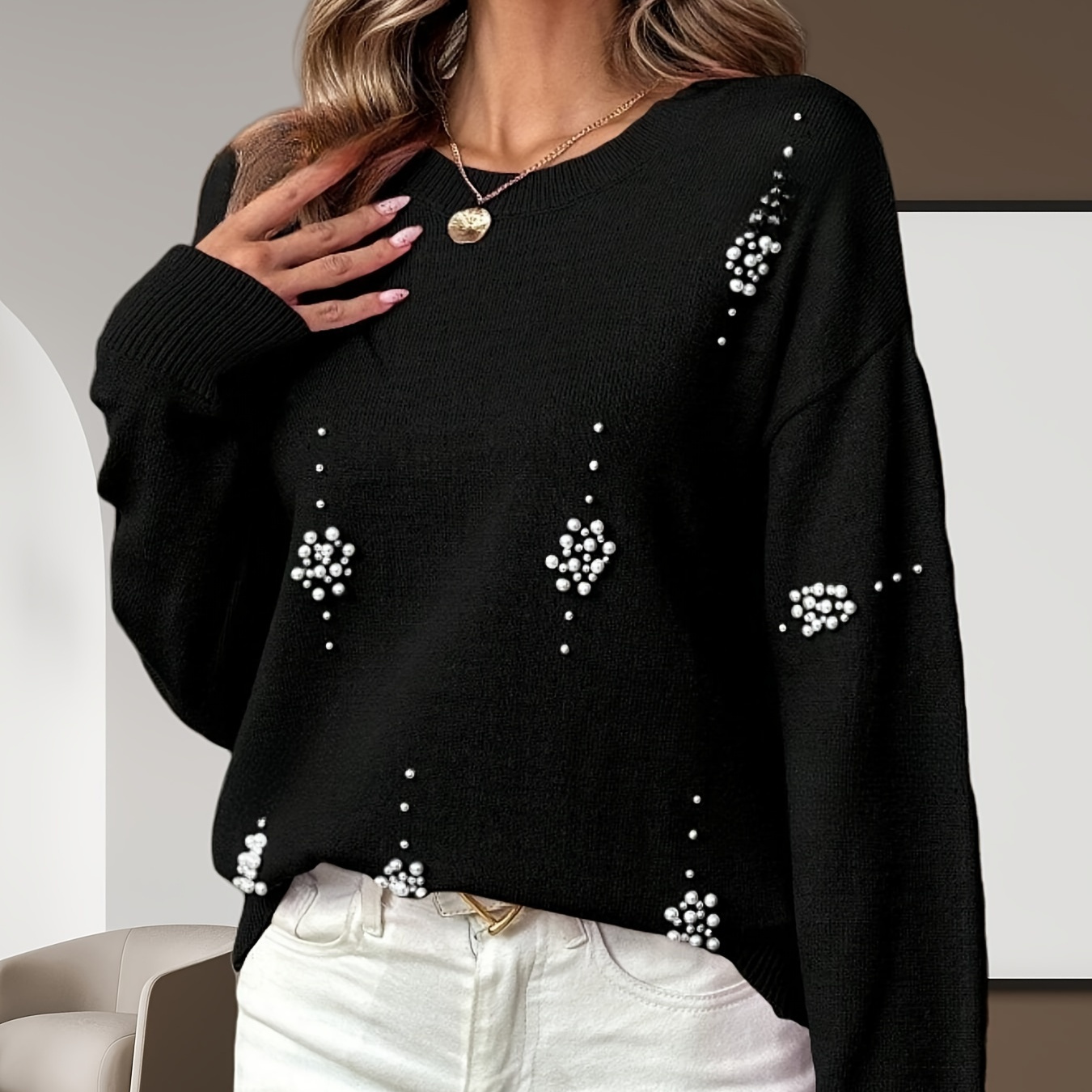 

Elegant Women's Pearl-embellished - Polyester, Casual Crew Neck, Long Sleeve - Spring/fall