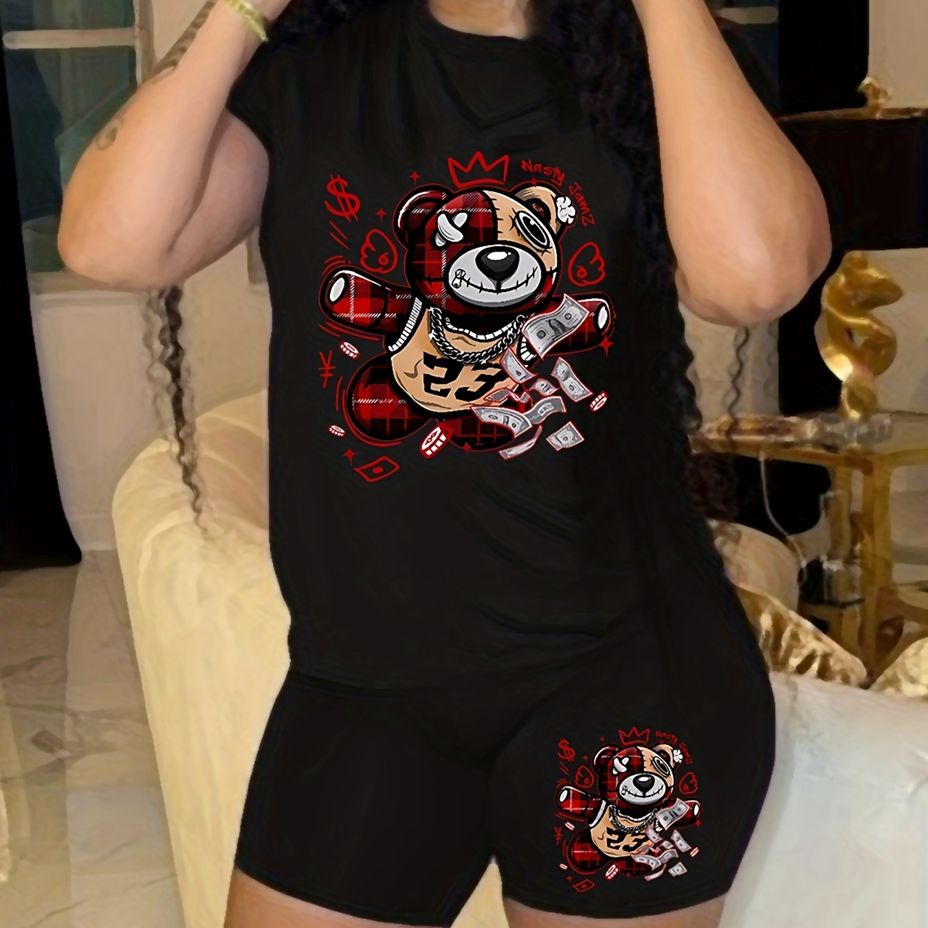 

Cartoon Bear Print 2pcs Set, Short Sleeve T-shirt & Shorts, Summer Casual 2 Piece Set, Women's Clothing