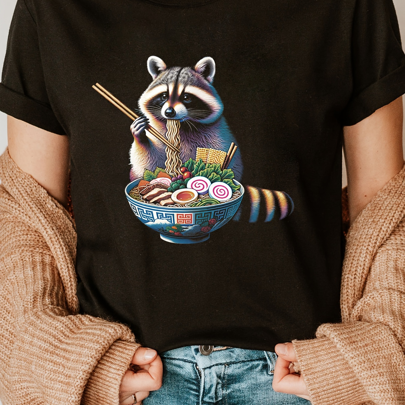 

Raccoon Print Crew Neck T-shirt, Casual Short Sleeve T-shirt For Spring & Summer, Women's Clothing