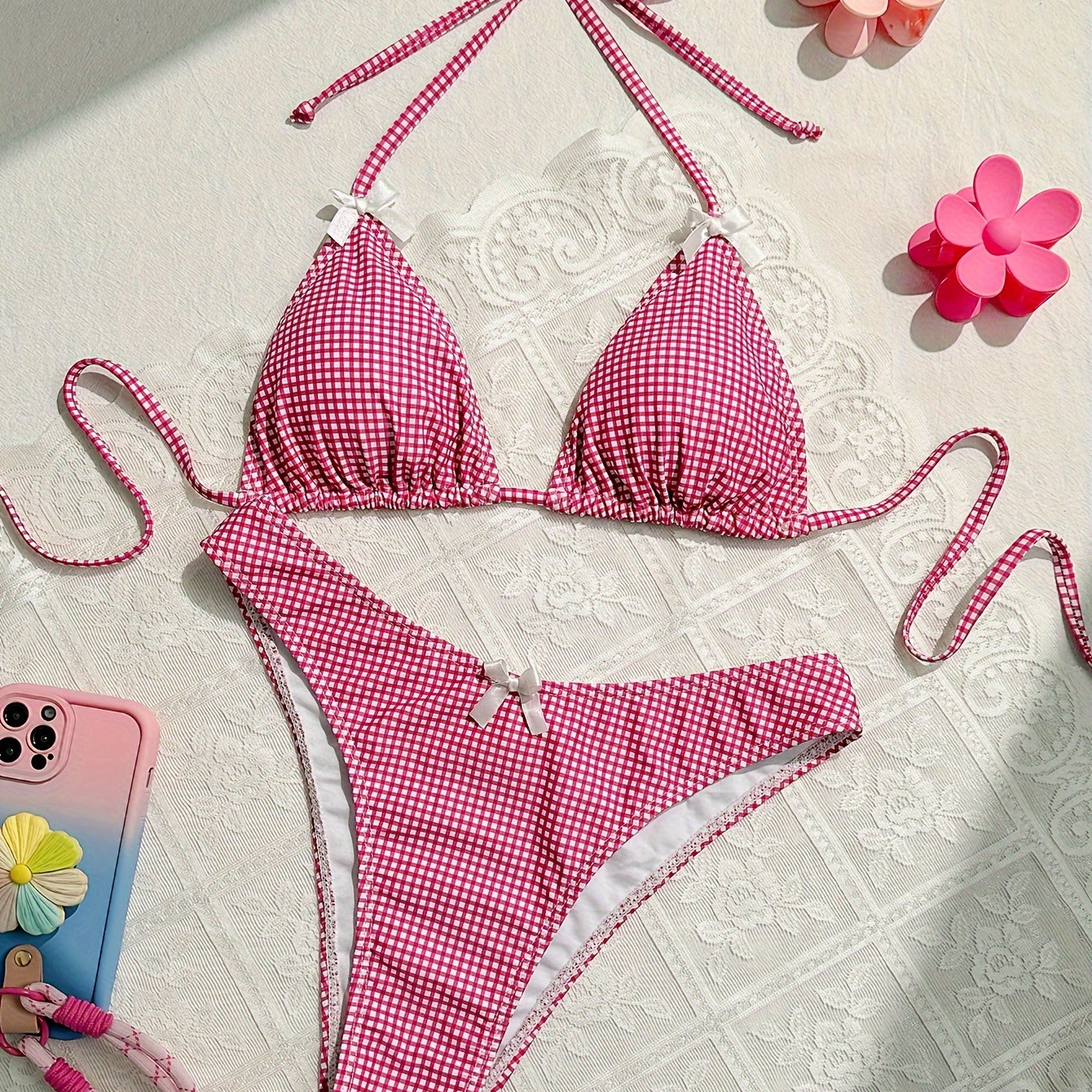 

Women's Sexy Triangle Bikini Set, Gingham Print With Bow Detail, Two-piece Swimsuit Beachwear