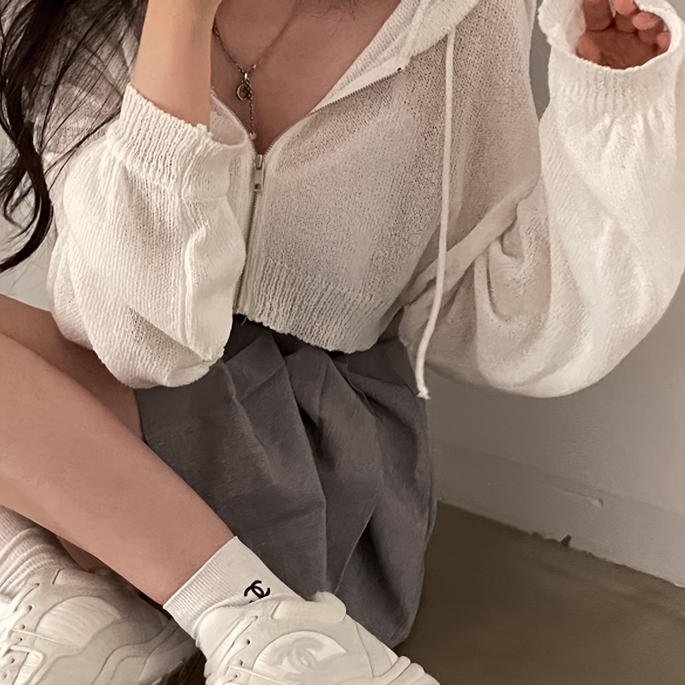 

Solid Color Drawstring Hooded Cardigan, Versatile Long Sleeve Zipper Front Crop Knit Outwear, Women's Clothing