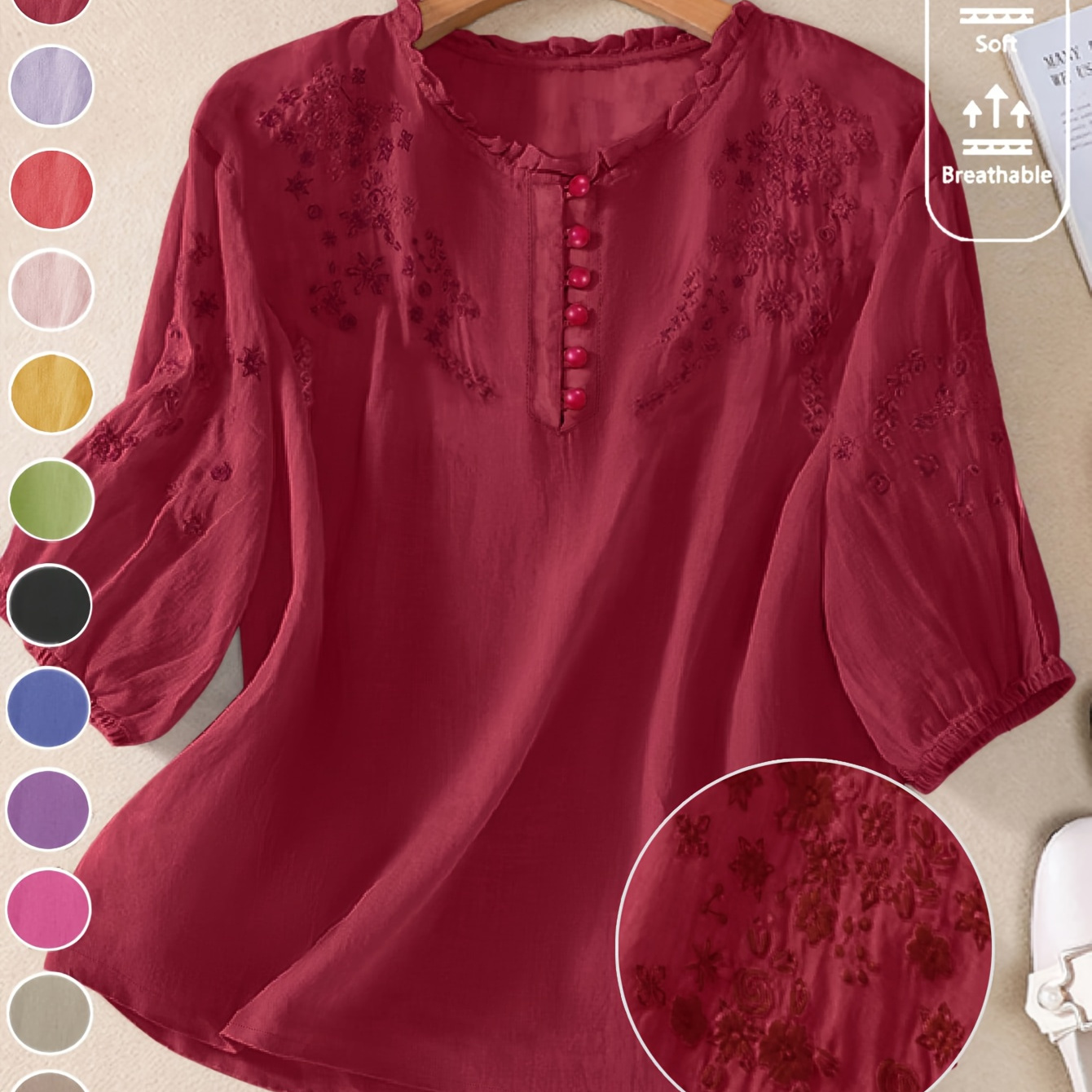 Women's Spring, Summer, Autumn Embroidered Loose Fit Casual Artistic Vintage Mid-Sleeve Shirt Top DP042772