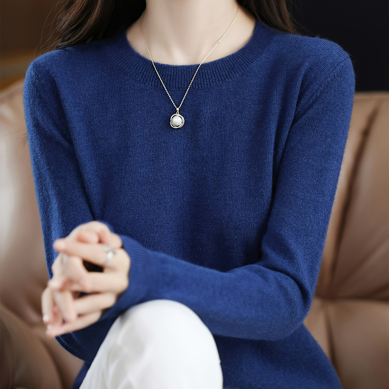 

Pull En Tricot À Col Rond Uni, Manches Longues Légères Pour Le Printemps Et L'automne, Vêtements Pour Femmes