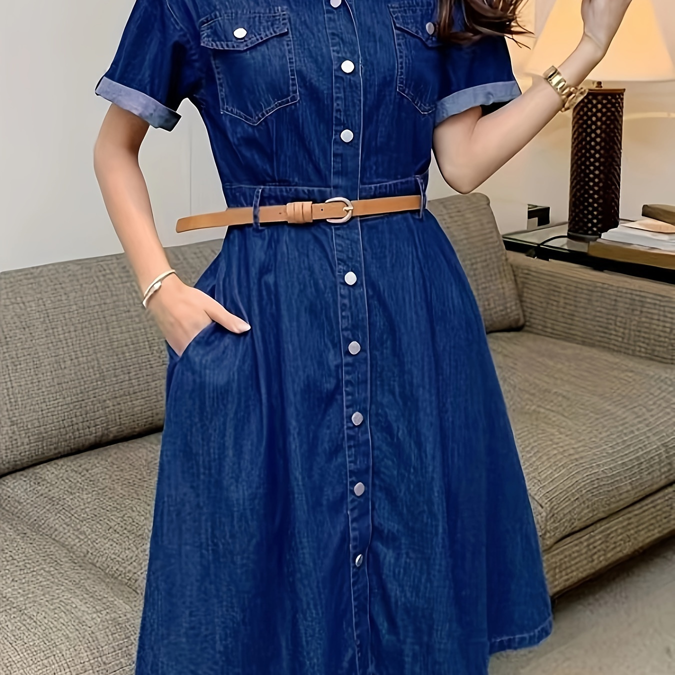 

Robe En Jean Unie À Manches Courtes Et À Boutonnage Simple Avec Ceinture, Élégante Robe En Jean Décontractée À Col , Vêtements Et Jeans En Denim Pour Femmes