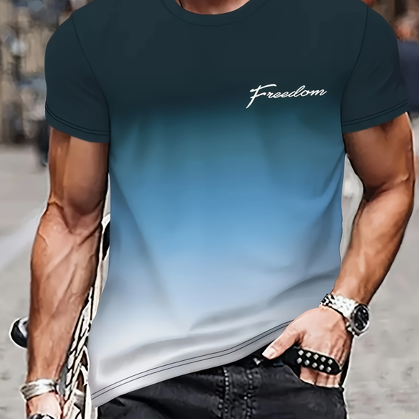 

Men's Trendy Casual Crew Neck Graphic T-shirt In Gradient Color For Summer Daily Wear