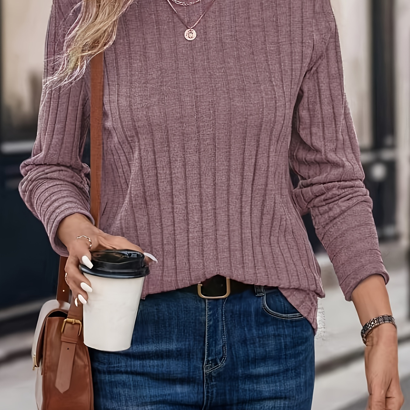 

T-shirt côtelé à manches longues de couleur unie, haut décontracté à col rond pour et , vêtements pour femmes