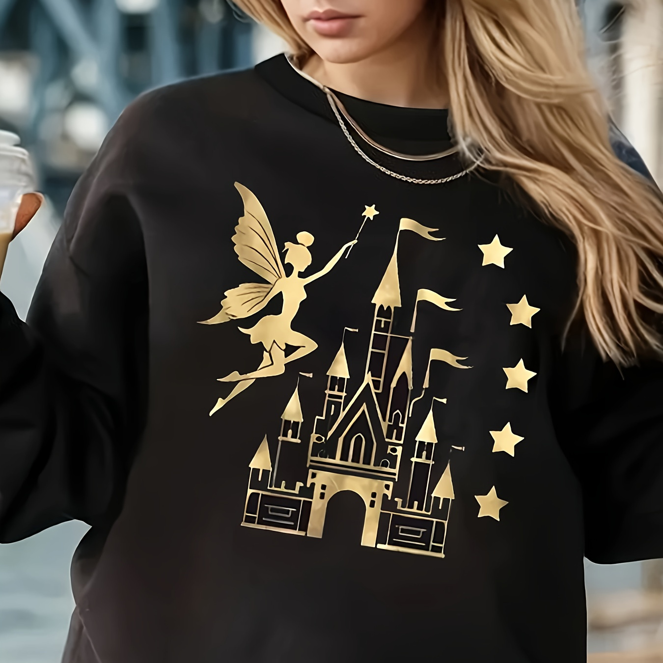 

Plus Size Elegant Cartoon Castle Print Pullover Sweatshirt - 100% Polyester Crew Neck Long Sleeve Top For Women, Stretch Knit Fabric, Fall/winter Collection