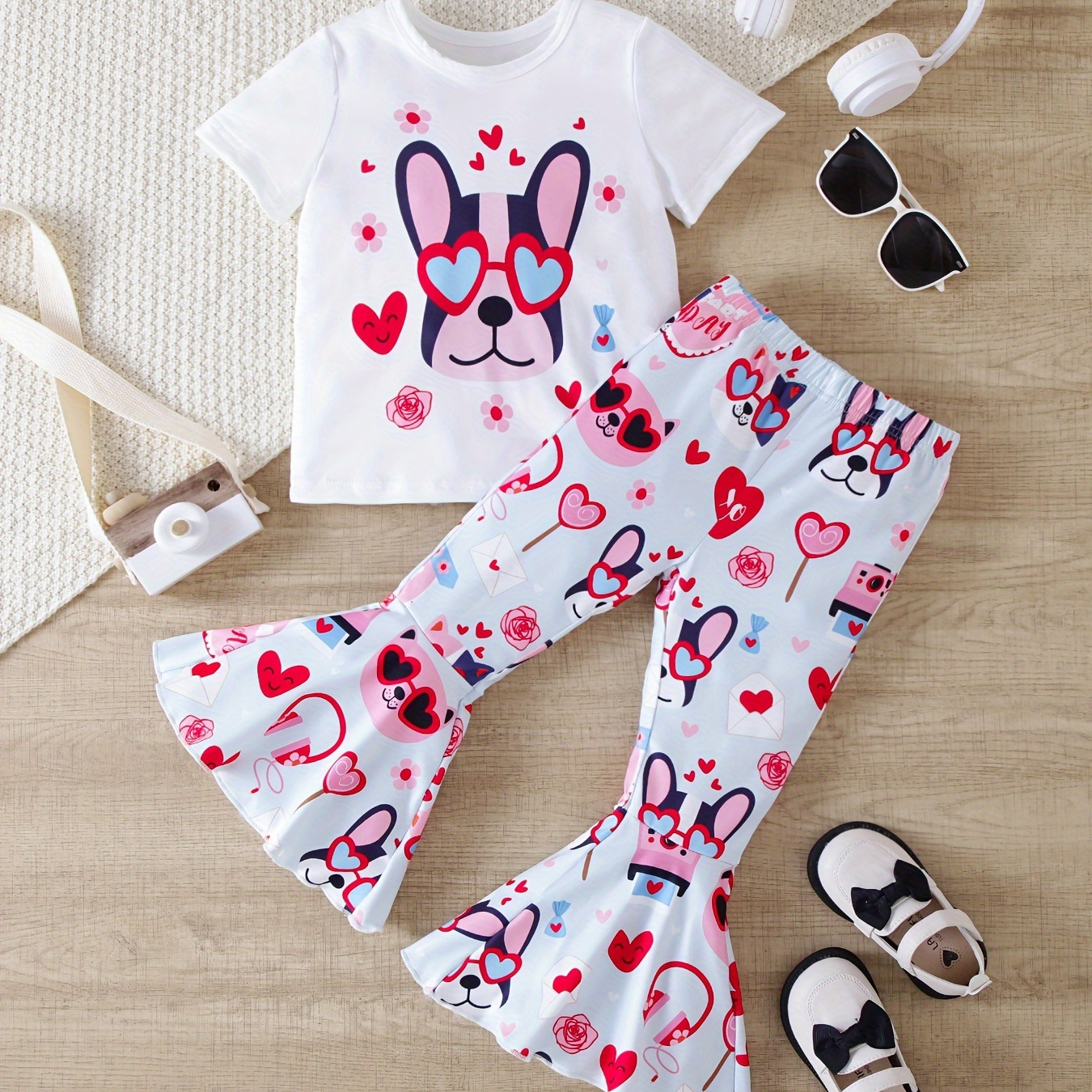 

Lovely Puppy & Heart Graphic Set 2pcs, Short Sleeve T-shirt + Flare Pants Set For Girls Spring Summer Valentine's Day