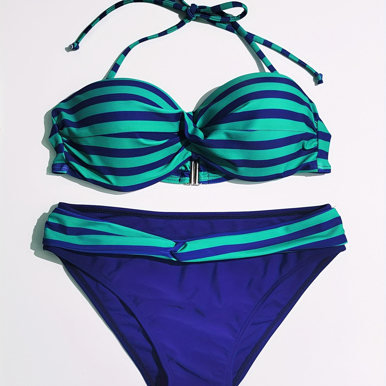 

Striped Print Halter Backless 2 Piece Set Bikini, Spaghetti Strap High Stretch Ruched Swimsuits, Women's Swimwear & Clothing