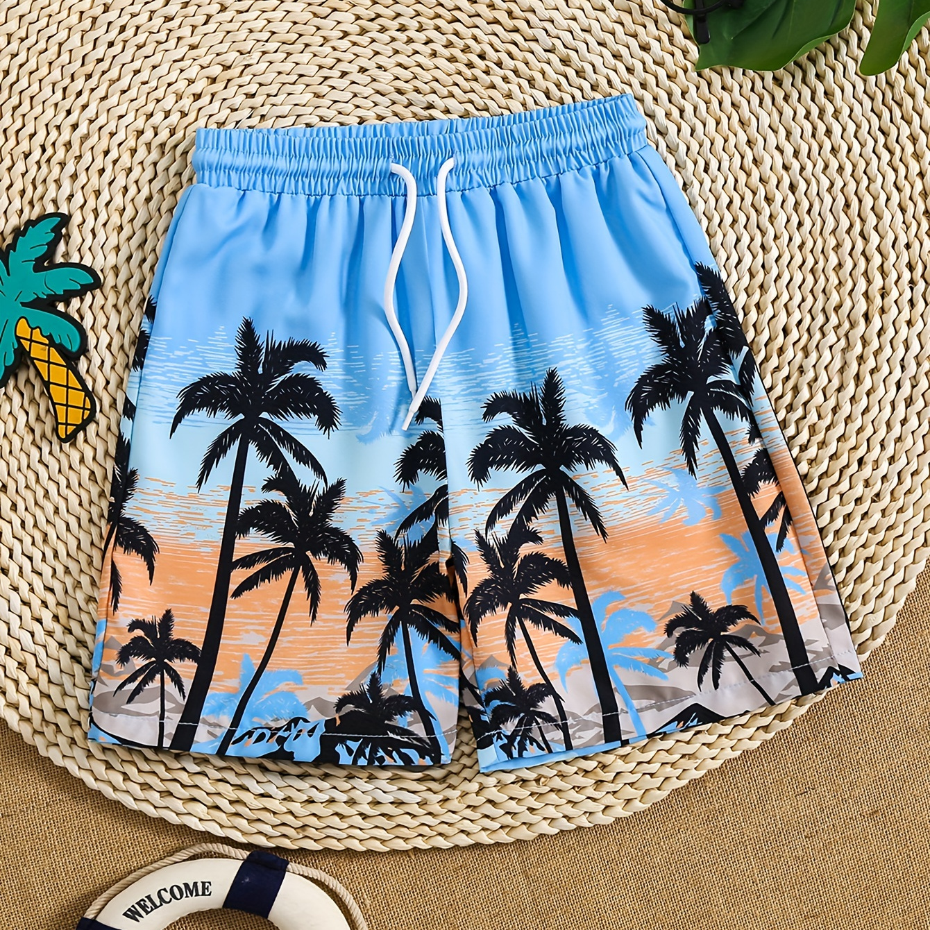 

Boys Swim Trunks Coconut Tree Print Elastic Waist Beach Pants Stretch Comfortable Kids Clothes For Vacation Bathing Summer