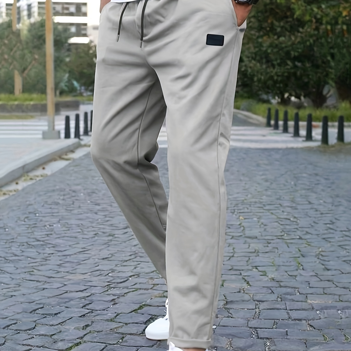 

Men's Label Patched Casual Waist Drawstring Joggers, Chic Stretch Sports Pants