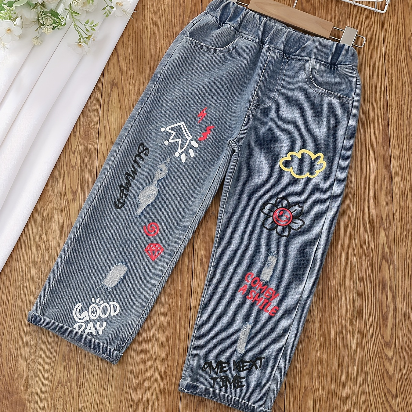Jeans Rectos Estampado Dibujos Animados Letras Pantalones - Temu