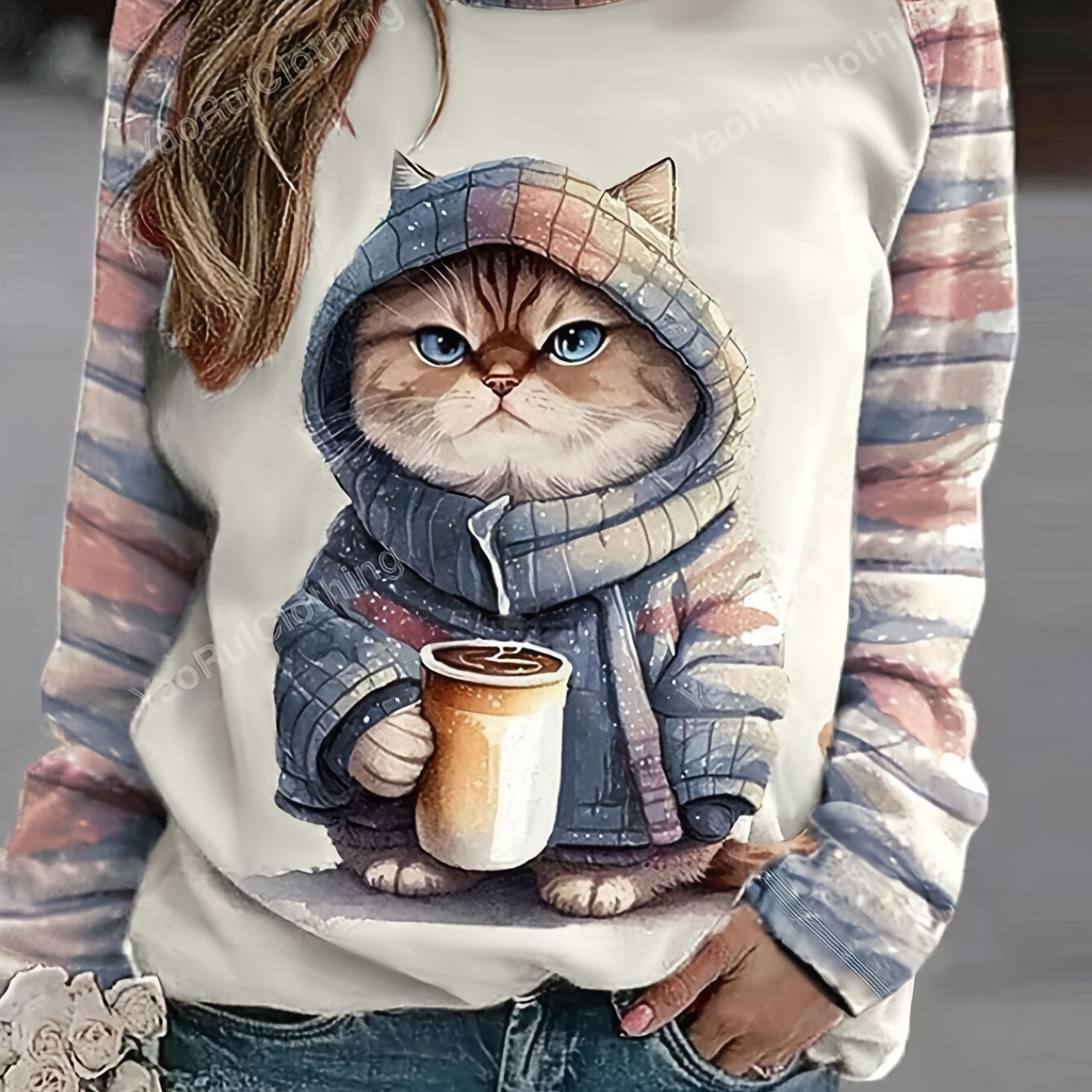 

Autumn And Winter Cute Cat Pattern Fashion Casual Womens T-shirt