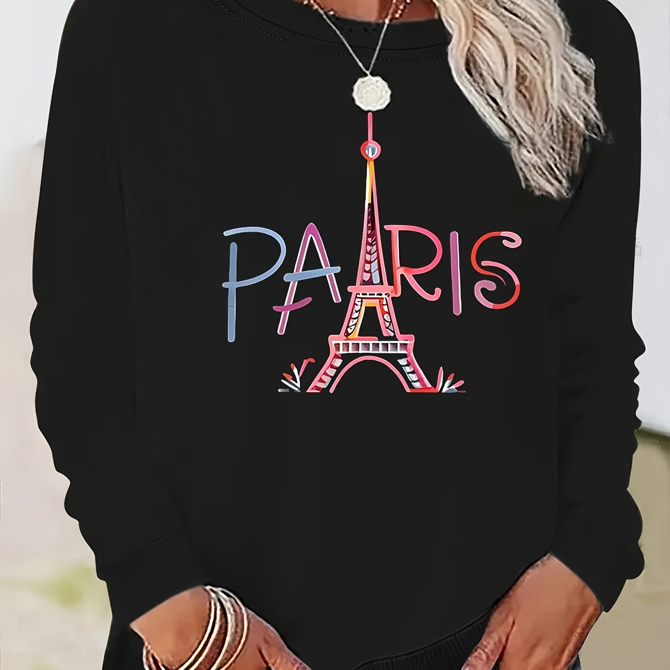 

Paris Print Sweatshirt, Long Sleeve Crew Neck Casual Sweatshirt For Fall & Spring, Women's Clothing