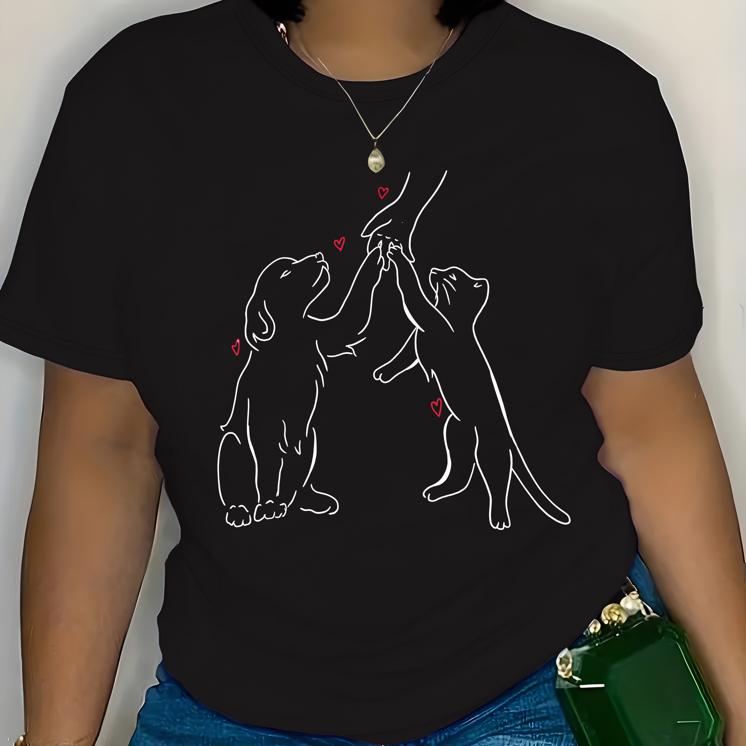 

T-shirt imprimé chien et chat grande taille, haut décontracté à manches courtes et col rond pour le printemps et l'été, vêtements grande taille pour femmes