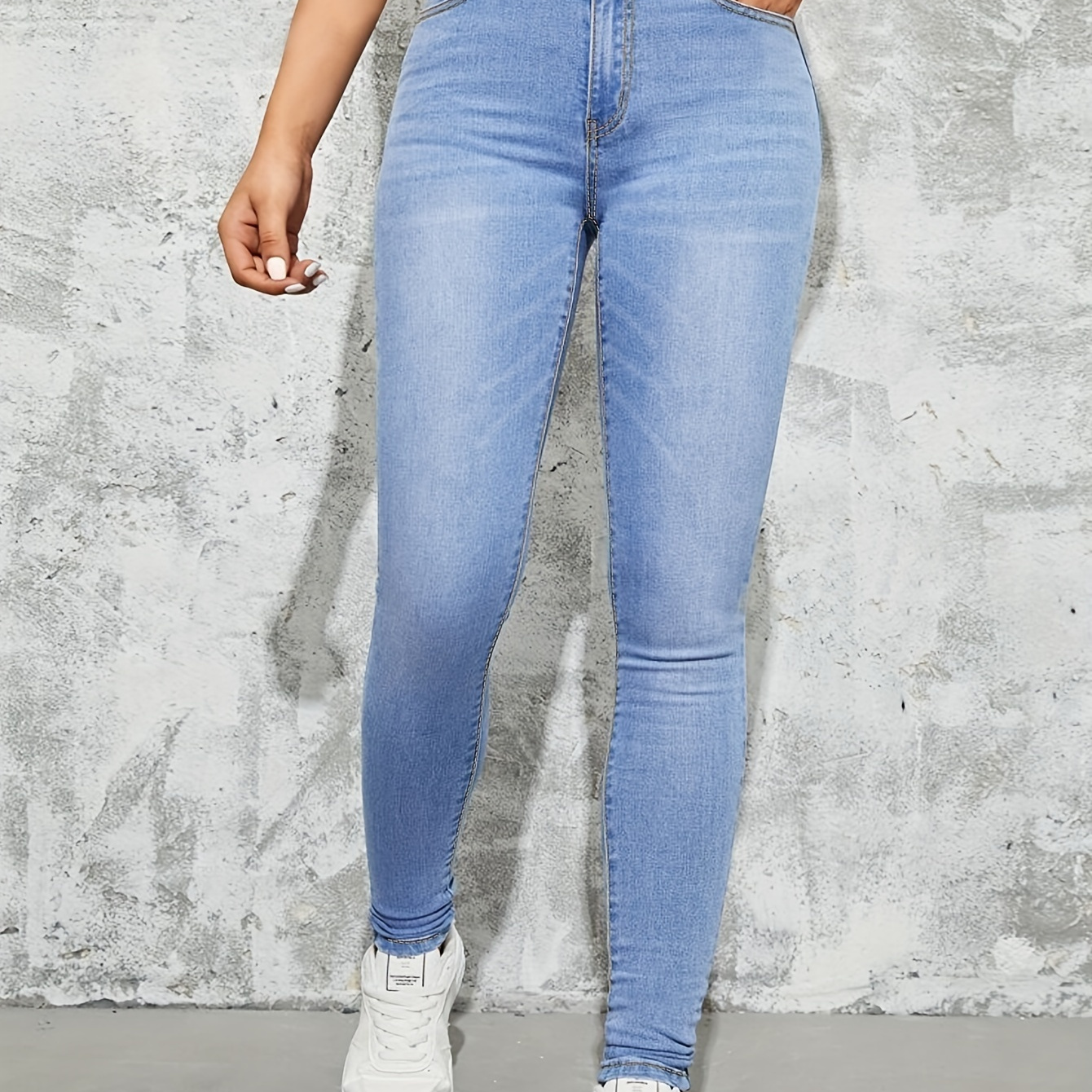 

Women's Light Washed Blue High-waisted Skinny Fit Jeans, Stretchy Fashionable Denim Pants, Slim Fit, Casual Preppy Style