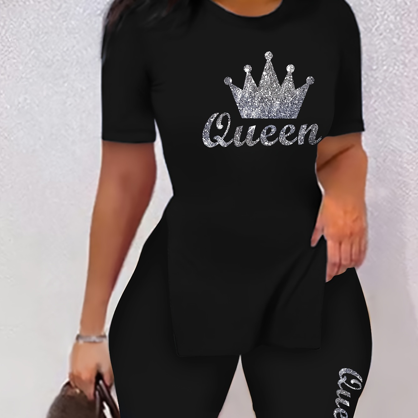 

Crown & Queen Print 2 Piece Set, Short Sleeve Side Slit T-shirt & Shorts, Women's Clothing
