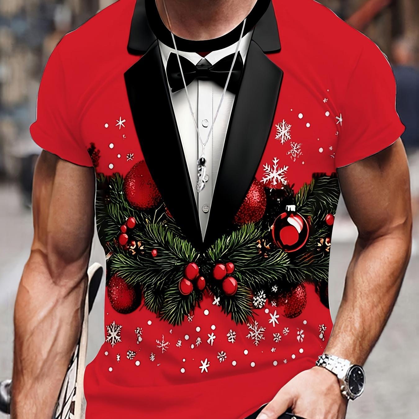 

Men's Festive Christmas 3d Snowflake Print T-shirt - Casual Round Neck, Short Sleeve, Polyester , Machine Washable