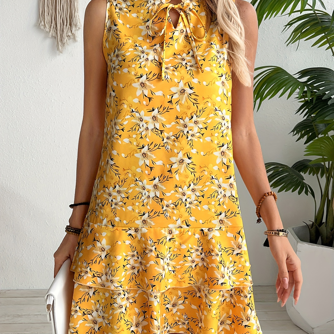 

Floral Print Layered Ruffle Hem Loose Dress, Vacation Tie Neck Sleeveless Dress For Spring & Summer, Women's Clothing