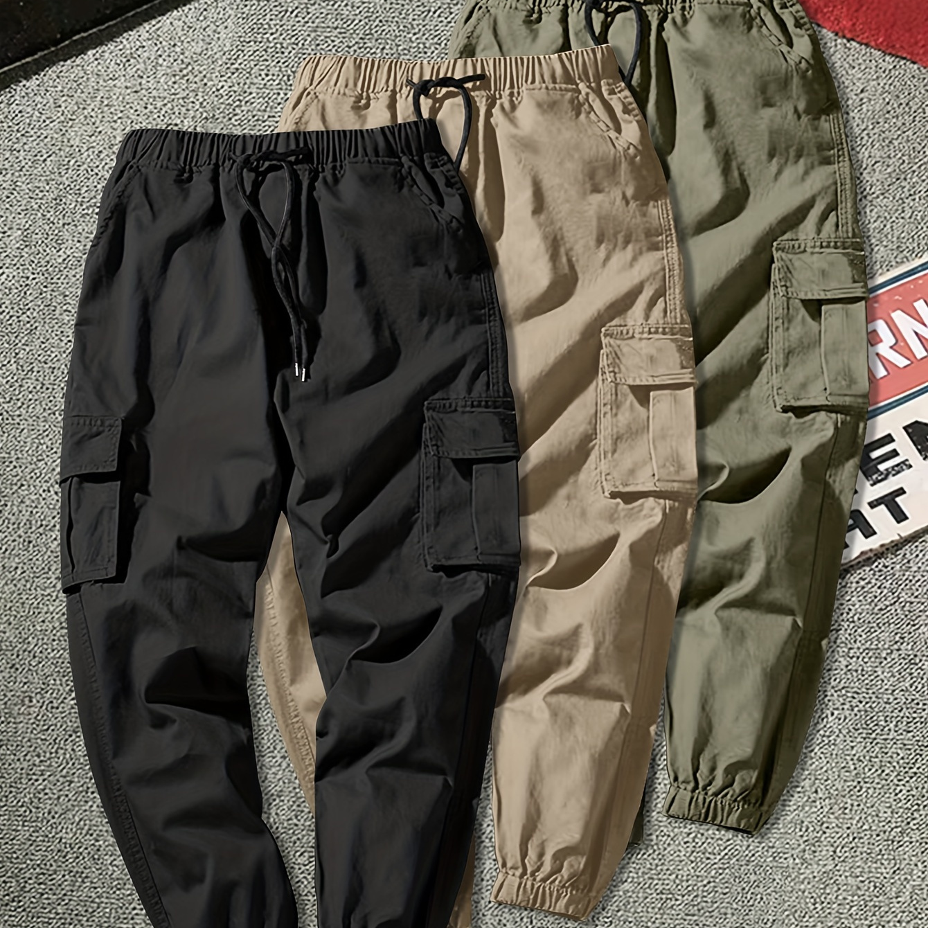 

Lot de 3 pantalons cargo amples pour hommes avec plusieurs poches, joggers à cordon pour l'extérieur