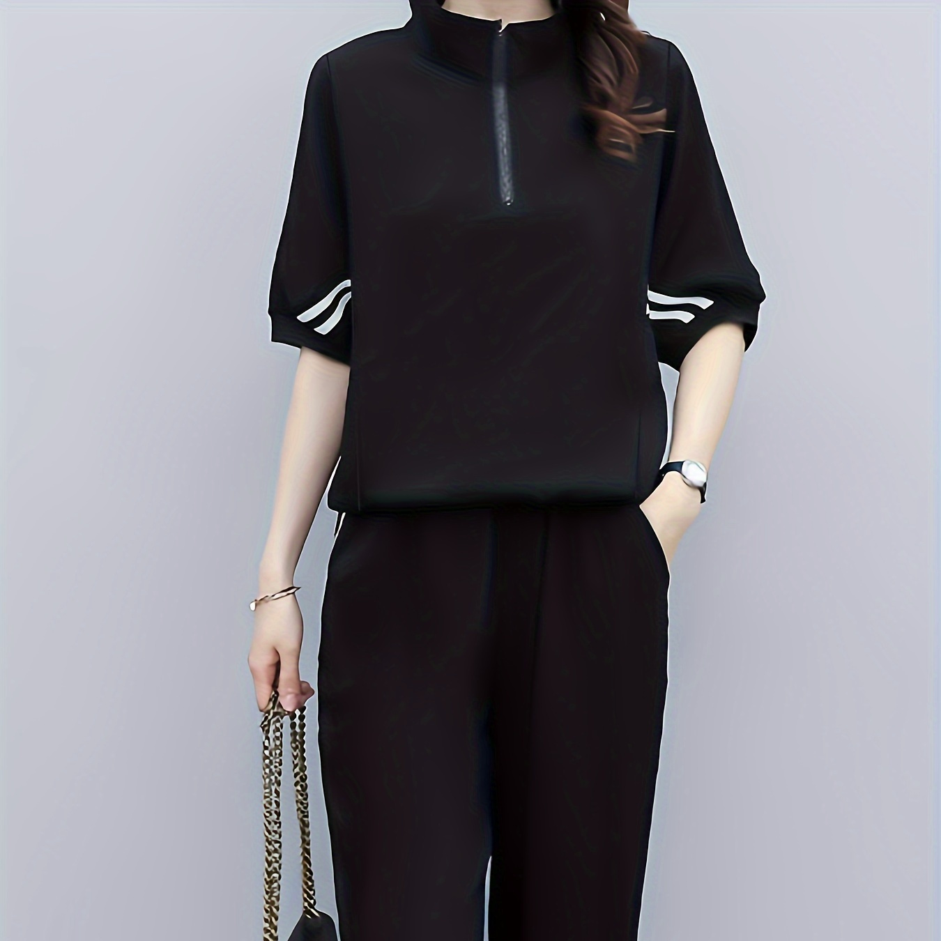 

Striped Sporty Casual 2 Piece Set, Zip Up Batwing Sleeve Top & Pocket Fitted Bottom Pants Outfits, Women's Clothing