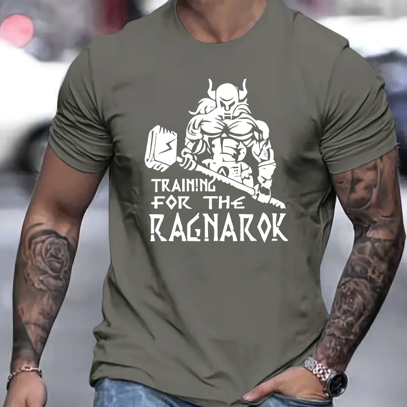 

Training For The Ragnarok Print T Shirt, Tees For Men, Casual Short Sleeve T-shirt For Summer