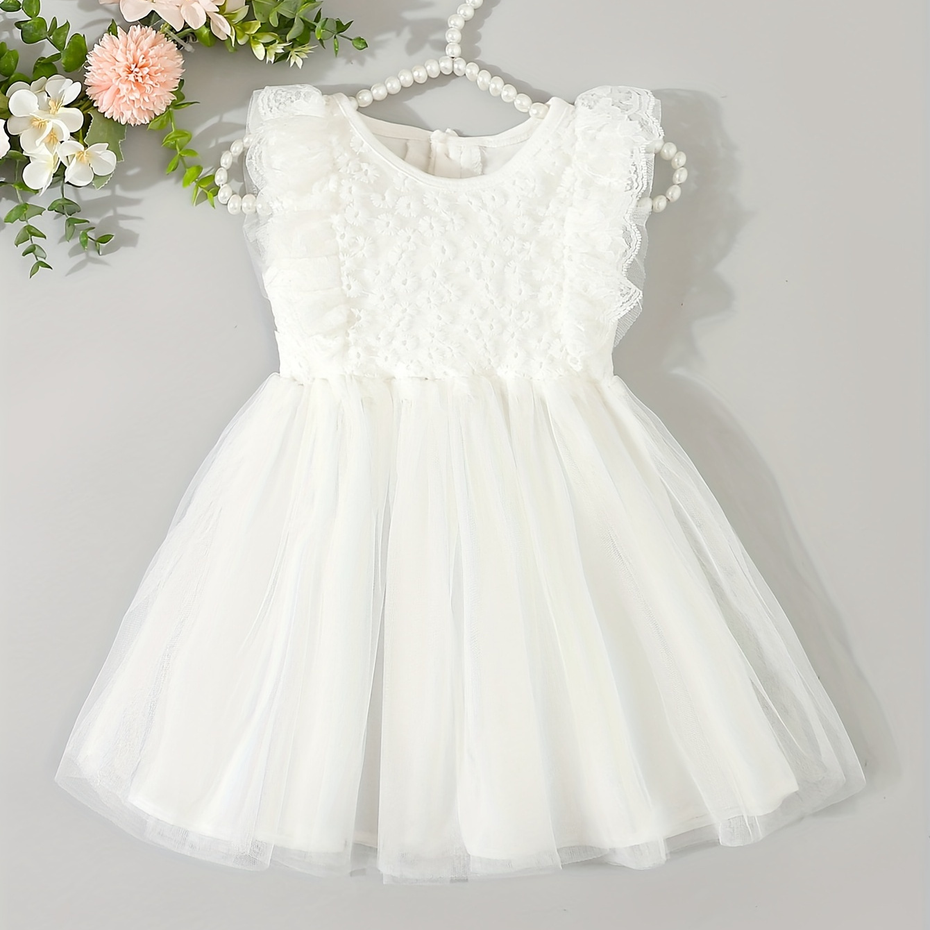 

Baby's Lace Flower Embroidered Mesh Sleeveless Dress, Infant & Toddler Girl's Clothing For Christening & Baptism