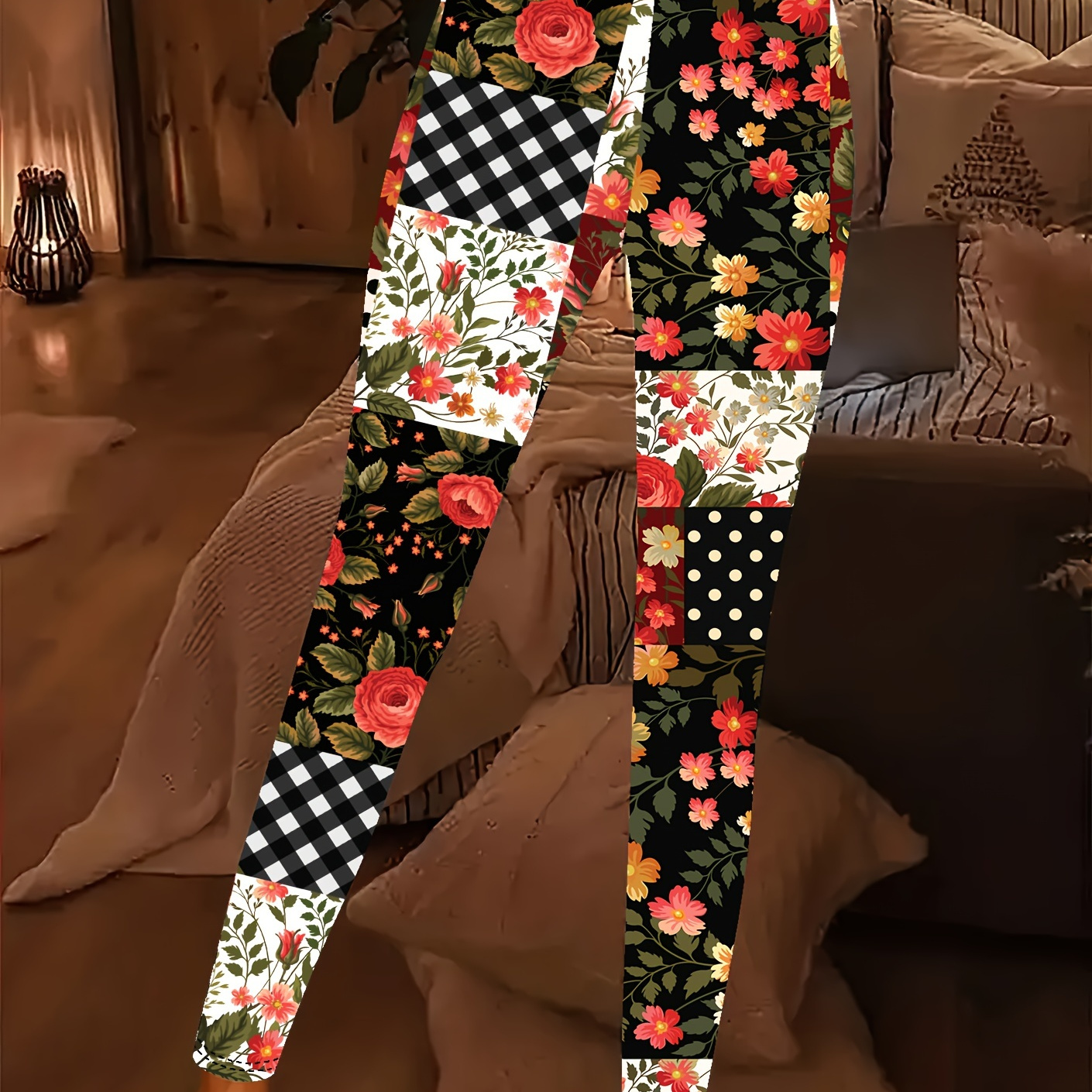 

Women's Plus Size Floral Print Stretch Leggings - Elegant, For Casual Attire