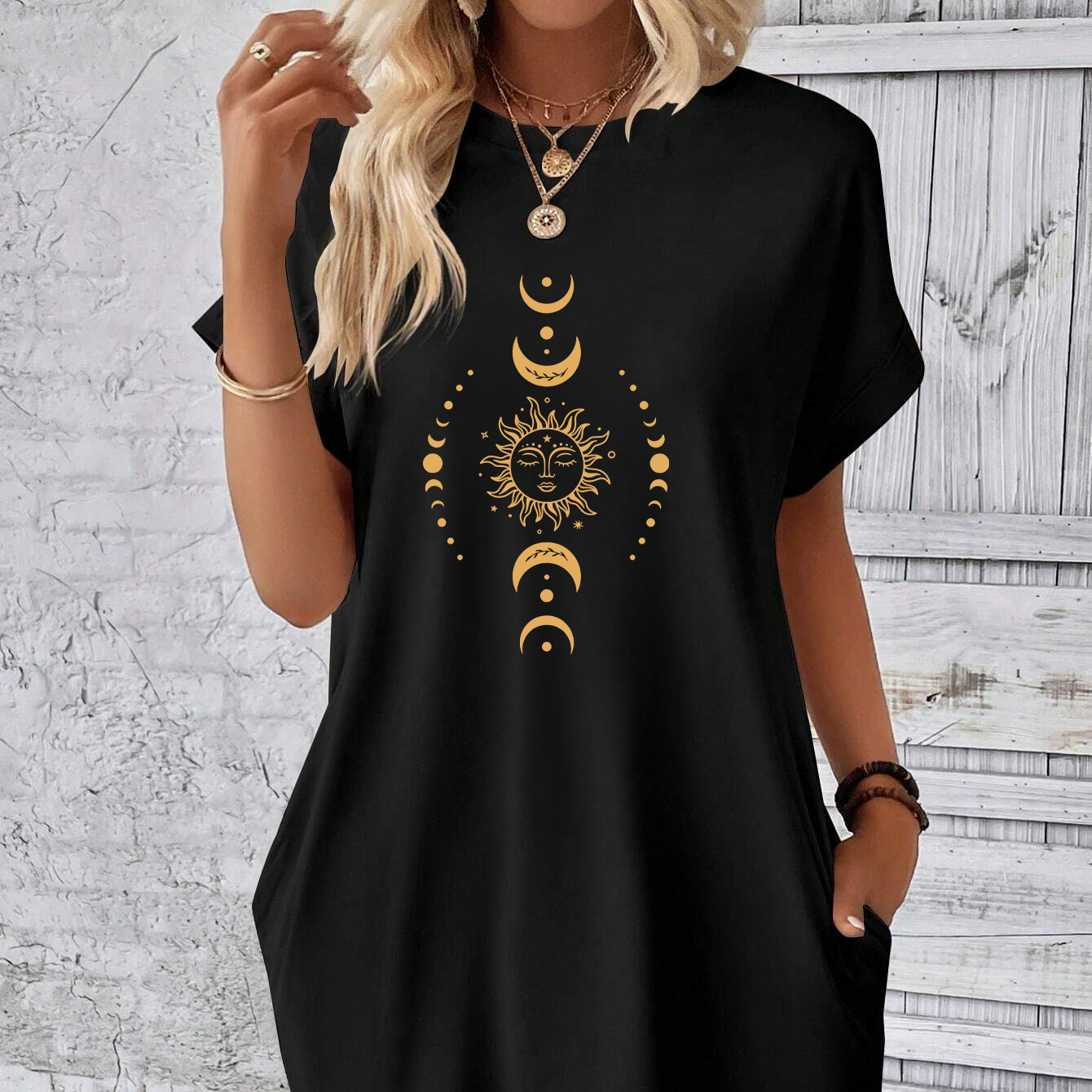 

Graphic Print Tee Dress, Short Sleeve Crew Neck Casual Dress For Summer & Spring, Women's Clothing