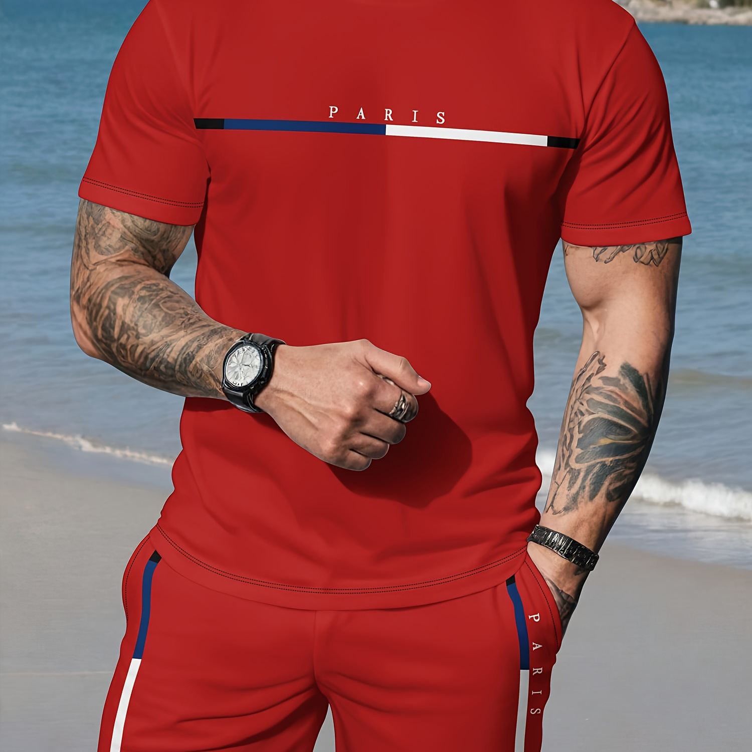 

2-piece Men's Summer Outfit Set, Short Sleeve Crew Neck T-shirt & Waist Drawstring Shorts With Pockets For Casual