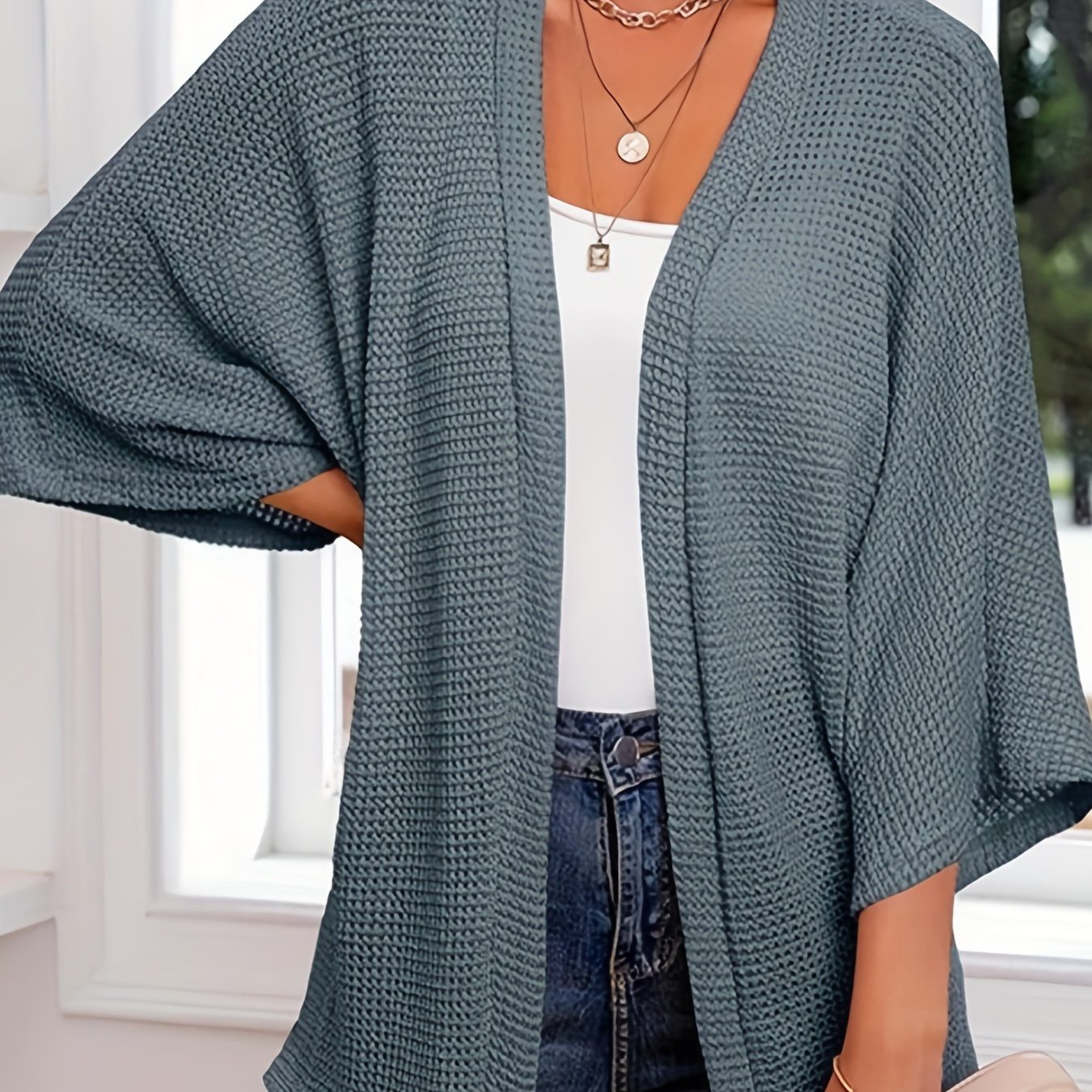 

Plus Size Casual Cardigan, Women's Plus Solid Waffle Knit 3 Quarter Sleeve Open Front Cardigan