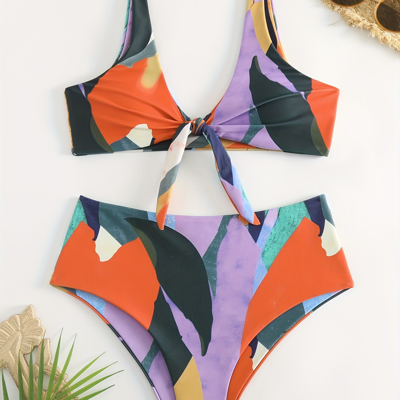 

Colorblock V Neck Bikini Sets, Tie Front High Waist High Cut Beachwear High-stretch 2 Pieces Swimsuit, Women's Swimwear & Clothing