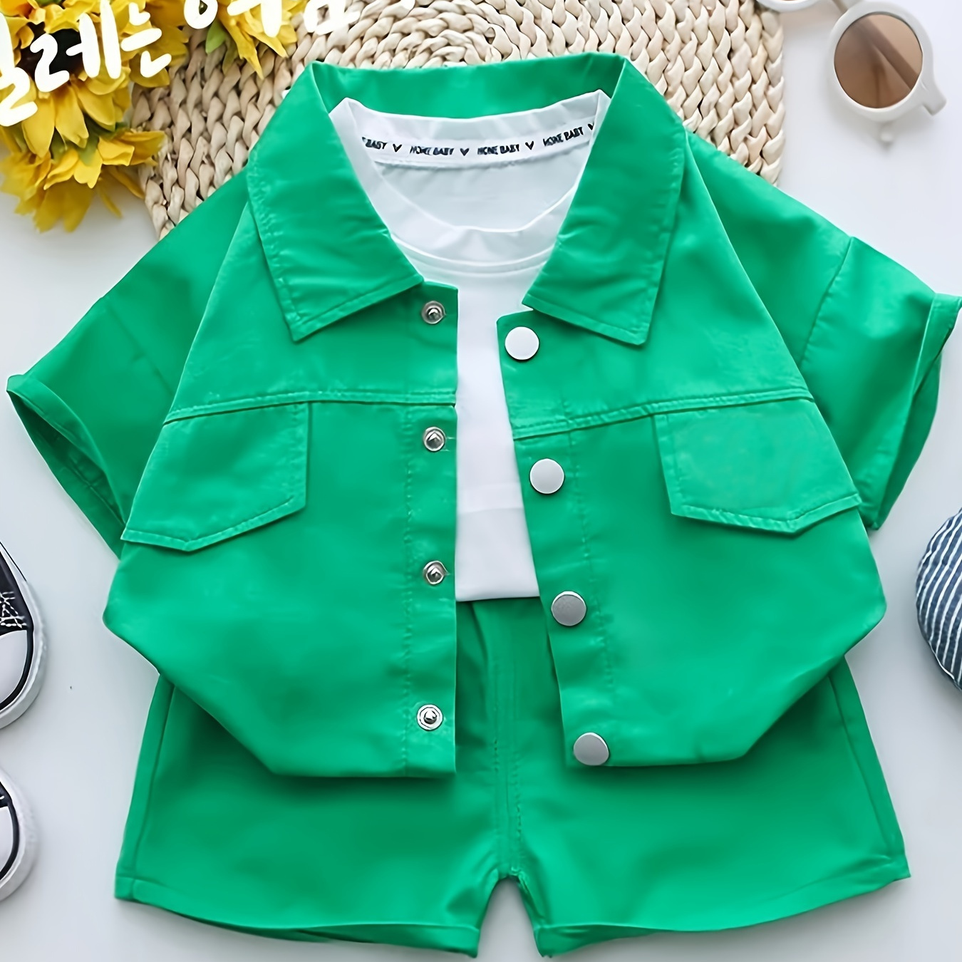 

Boys Summer Cotton Fashion Short Sleeve Shirt Set, Baby Boy Fashion Button Up Lapel Shirt With Triangle Logo & Shorts, Casual Two-piece Set