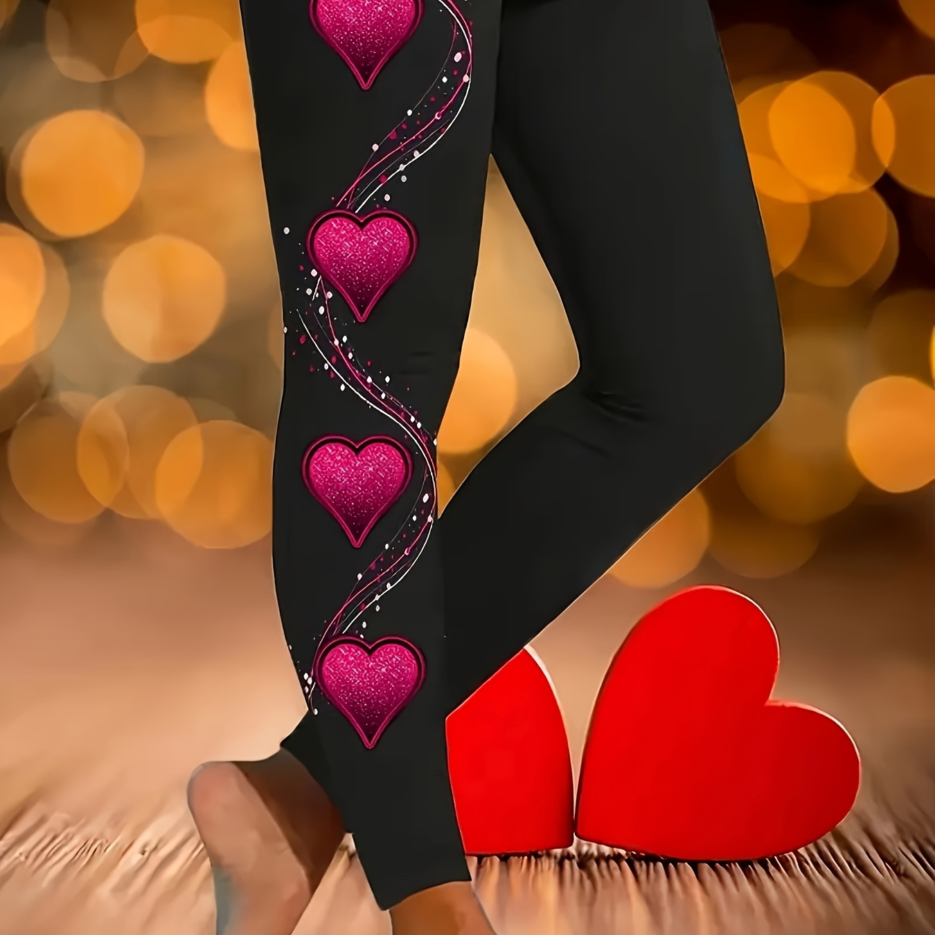 

Leggings Extensibles Taille Haute pour Femmes avec Imprimé Cœur de la Saint-Valentin – Cœurs Pailletés Roses sur Noir, Mélange de Polyester Confortable, Port Toutes , Pantalons Imprimés pour Dames