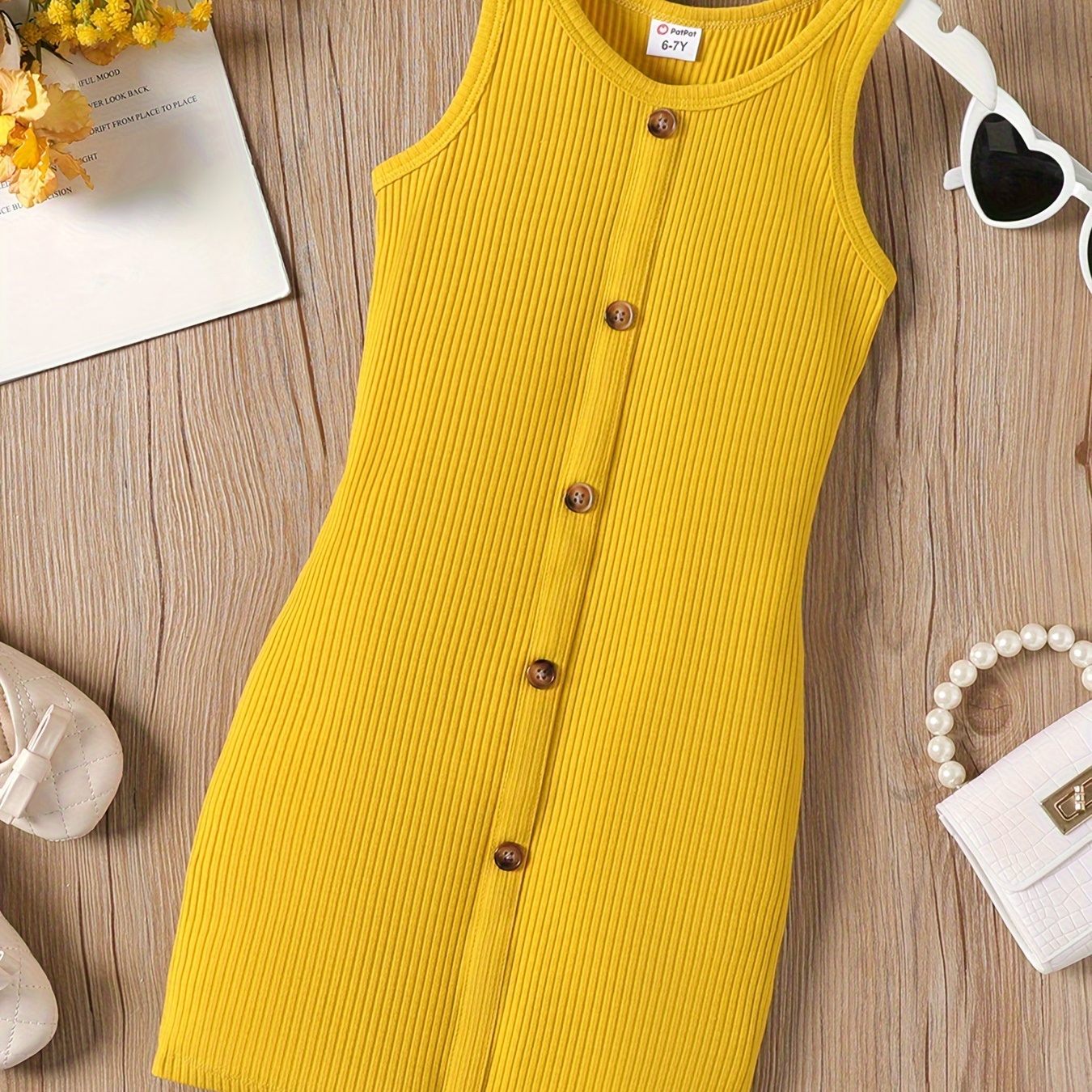 

Patpat Toddler/kid Girl Cotton Solid Color Button Design Ribbed Sleeveless Dress