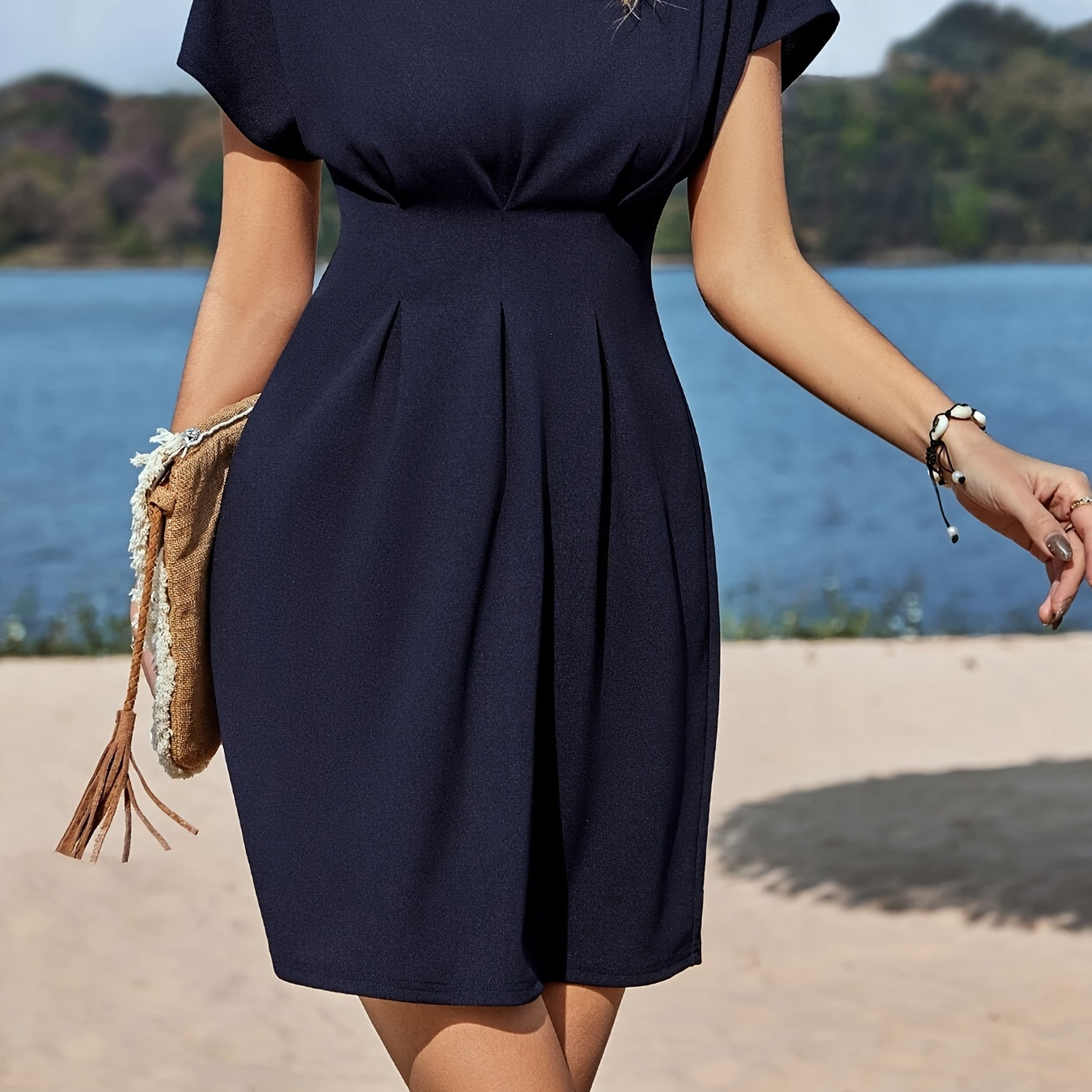 

Crew Neck Cinched Waist Dress, Casual Short Sleeve Dress For Spring & Summer, Women's Clothing