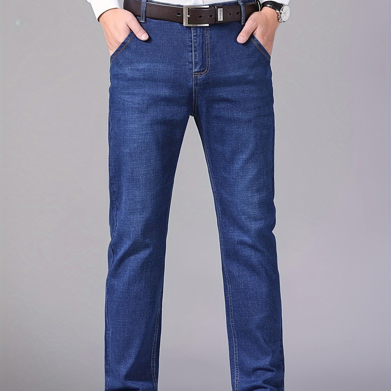 

Men's Solid Denim Jeans, Light Business Style Slightly Stretch Straight Leg Pants For Outdoor Casual Daily