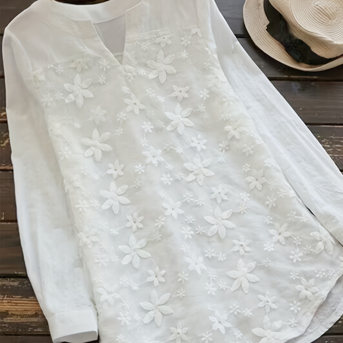 

Embroidered Notched Neck Blouse, Casual Long Sleeve Blouse, Women's Clothing