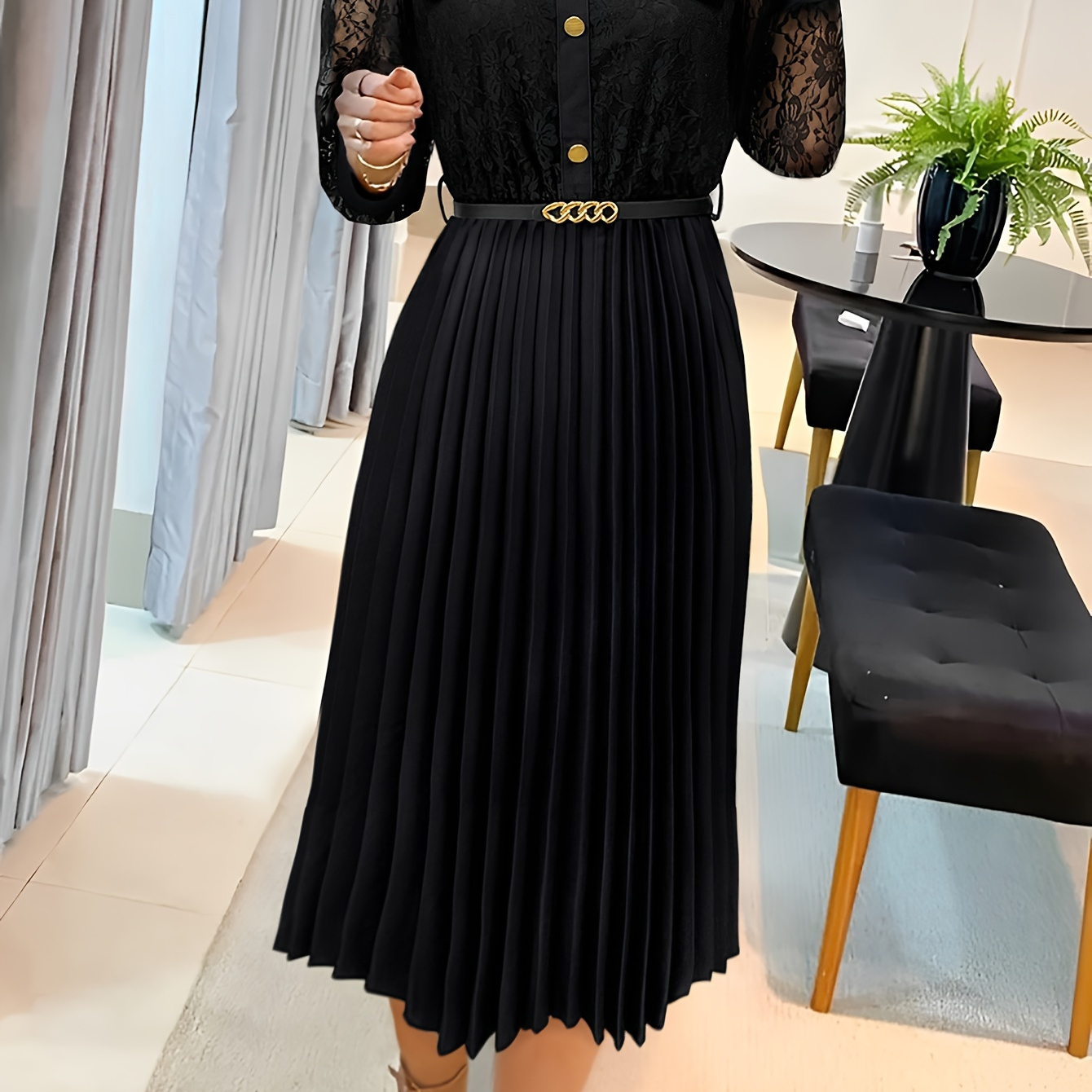 

Elegant Lace-trimmed Long Sleeve Dress With Belt For Women - Polyester, Machine Washable, Spring/fall, Lace Dress