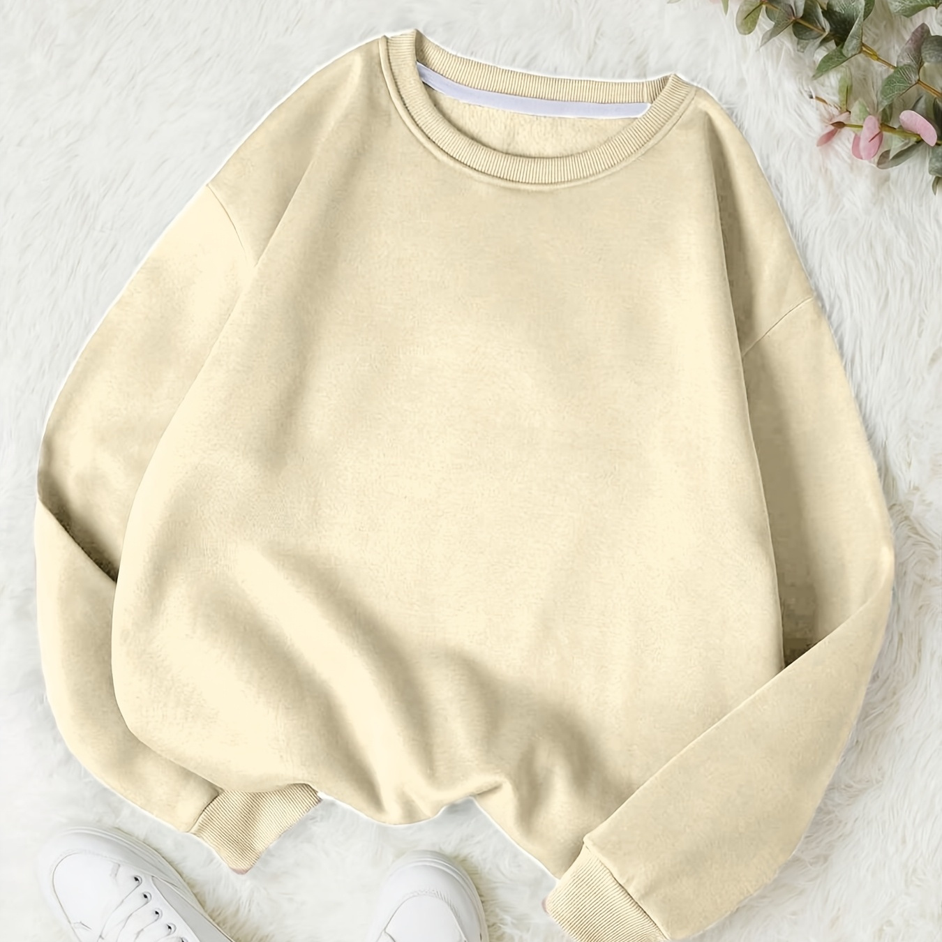 Pull-over Femme Beige à Col Rond - Manches Longues Décontracté, Sweat-shirt Confortable pour Automne/Hiver, Vêtement Durable et Mignon