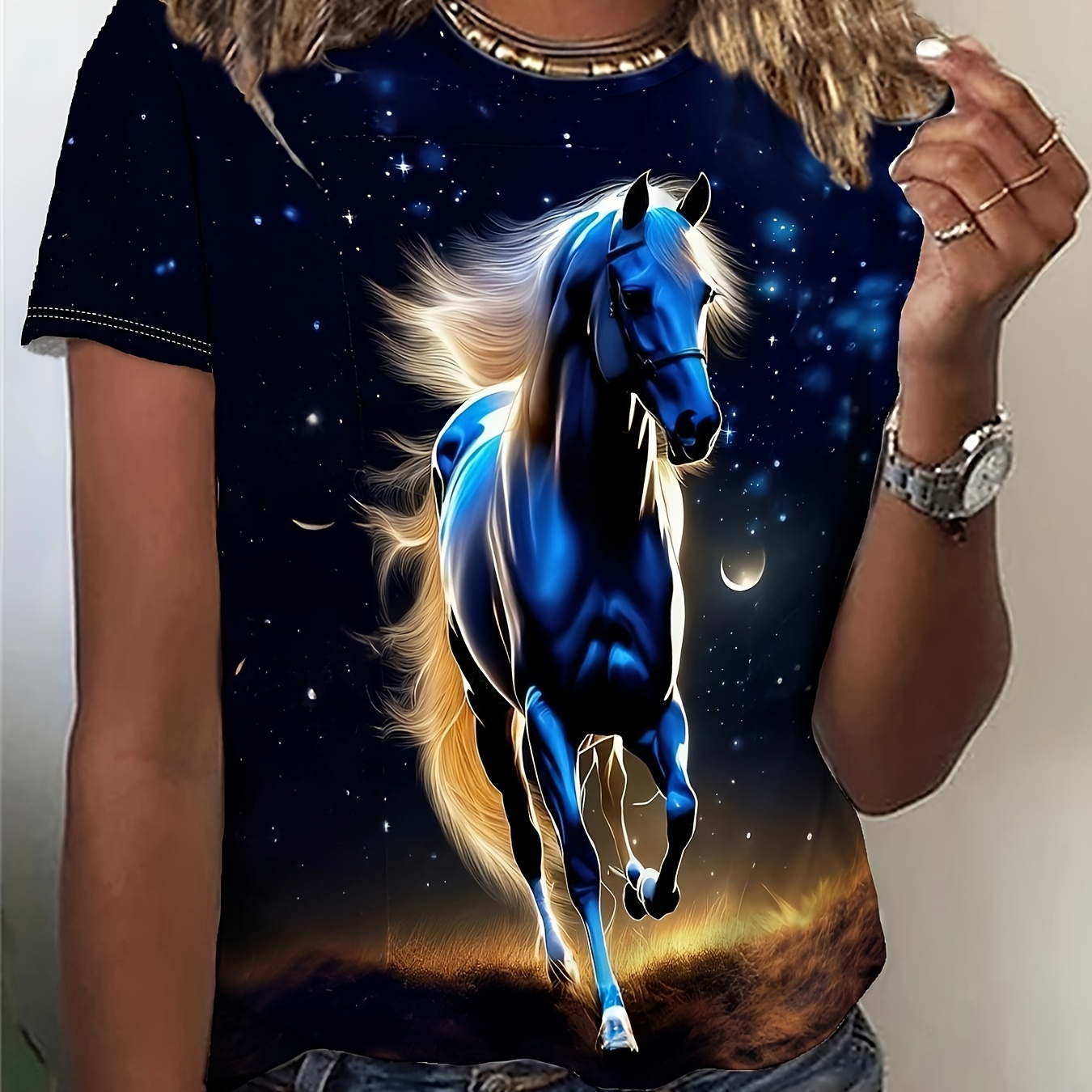 

Horse Print T-shirt, Casual Crew Neck Short Sleeve Top For Spring & Summer, Women's Clothing