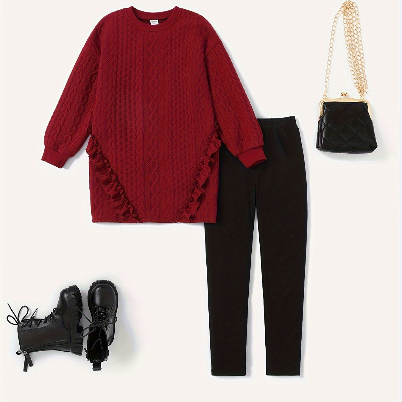

Patpat 2-piece Girl Cable Knit Textured Sweatshirt And Black Leggings Set