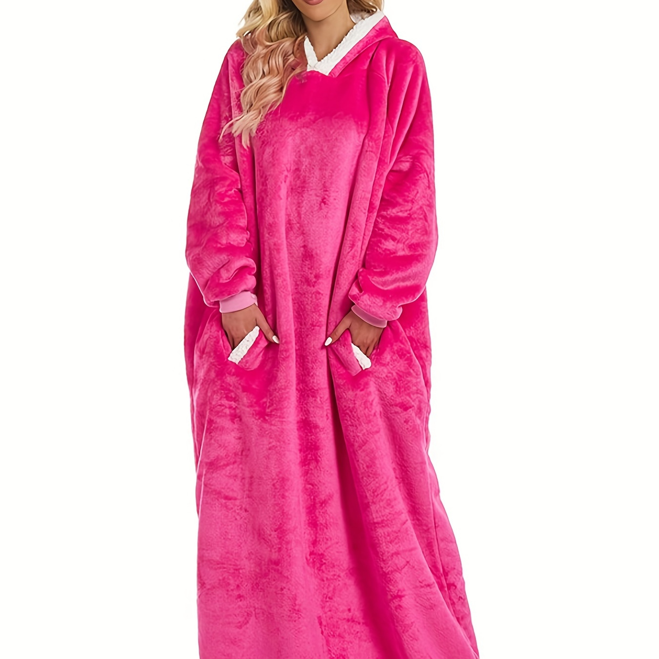 

Plush Hooded Robe, Warm & Comfy Long Sleeve Lounge Robe With Pockets, Women's Sleepwear