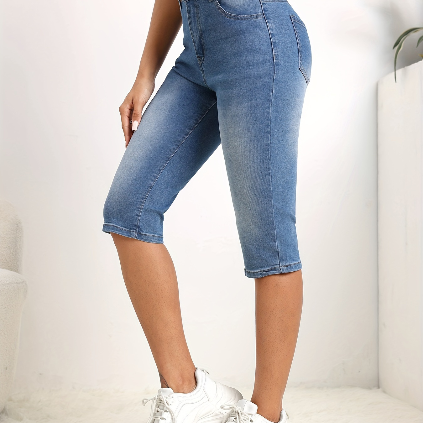 

Women's Elegant Bermuda Denim Shorts - Light Blue, Knee-length Jeans With Pockets, Casual Summer Fashion
