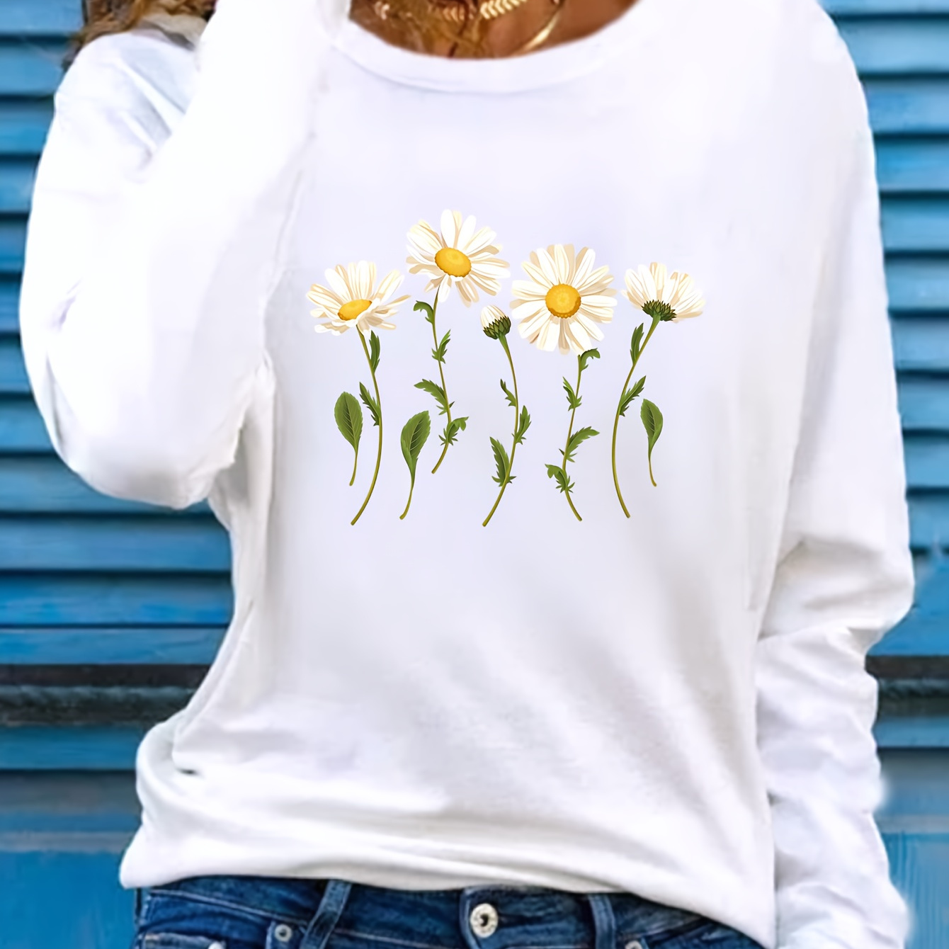 

Women's Casual Crew Neck Long Sleeve Daisy Print T-shirt - 100% Polyester Knit Fabric With Medium Stretch - Floral Pattern Pullover Top For Fall/winter