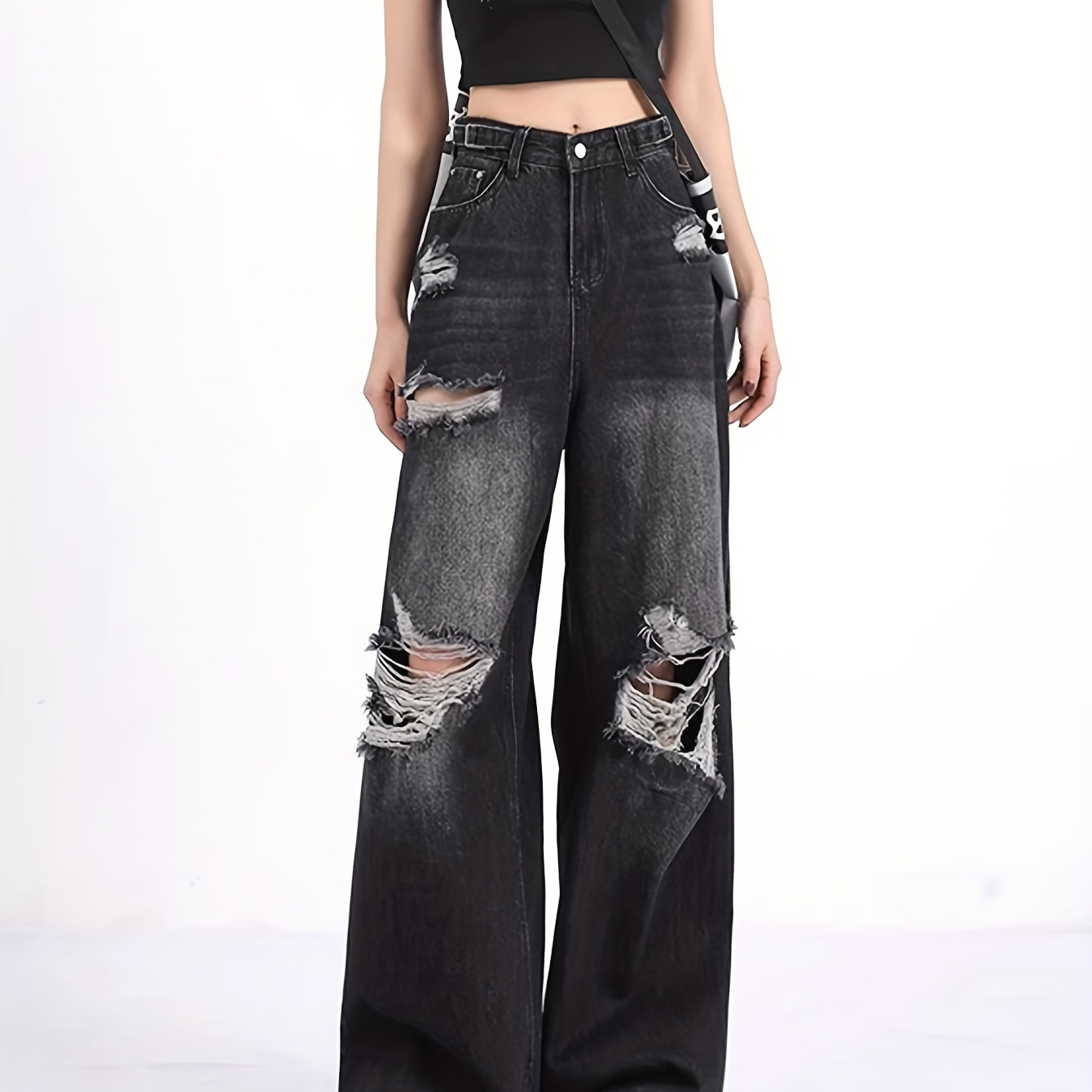 

Women's Retro Ripped High-waist Wide-leg Jeans, Vintage Distressed Loose Fit Denim Pants For Autumn